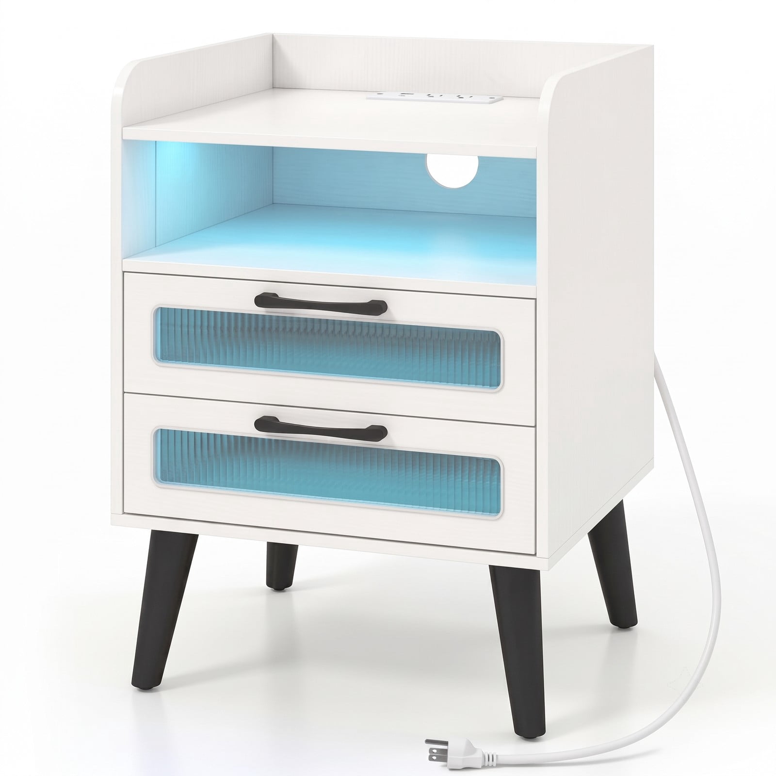 Furnibear Mid Century Nightstand with Charging Station and LED Lights, Bedside Table with 2 Drawers and Open Shelf for Bedroom, White