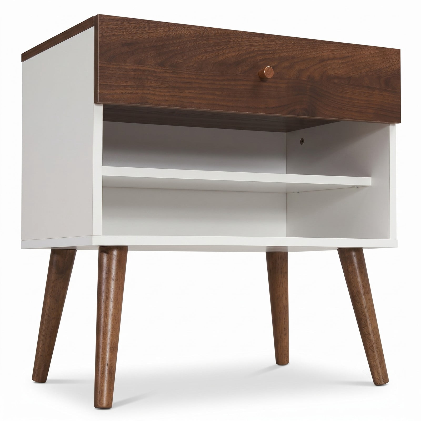 Furnibear Mid Century Nightstand with Drawer and Open Shelf and Rubber Wood Legs for Bedside Storage in the Bedroom, Walnut and White