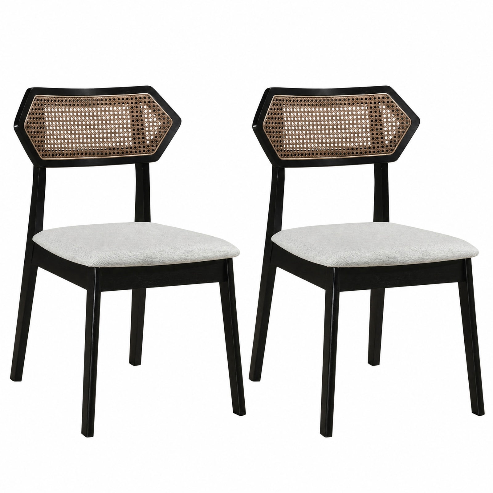 Furnibear Mid Century Rattan Dining Chairs Set of 2 with Woven Rattan Back and Solid Wood Frame for Kitchen Dining Room, Black