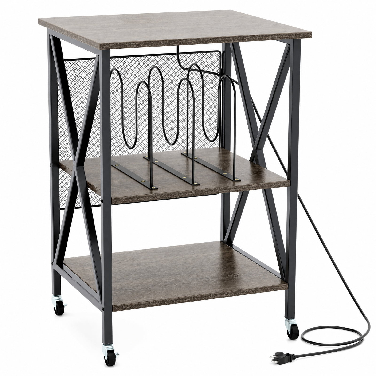 Furnibear Mid Century Record Player Stand with Built in Charging Station AC Outlets USB Ports and Removable Dividers for Living Room, Gray