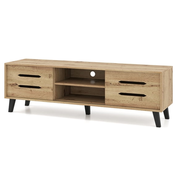 Furnibear Mid-Century TV Stand for 65 Inch TV, Entertainment Center with Sliding Doors and Cable Management, Natural