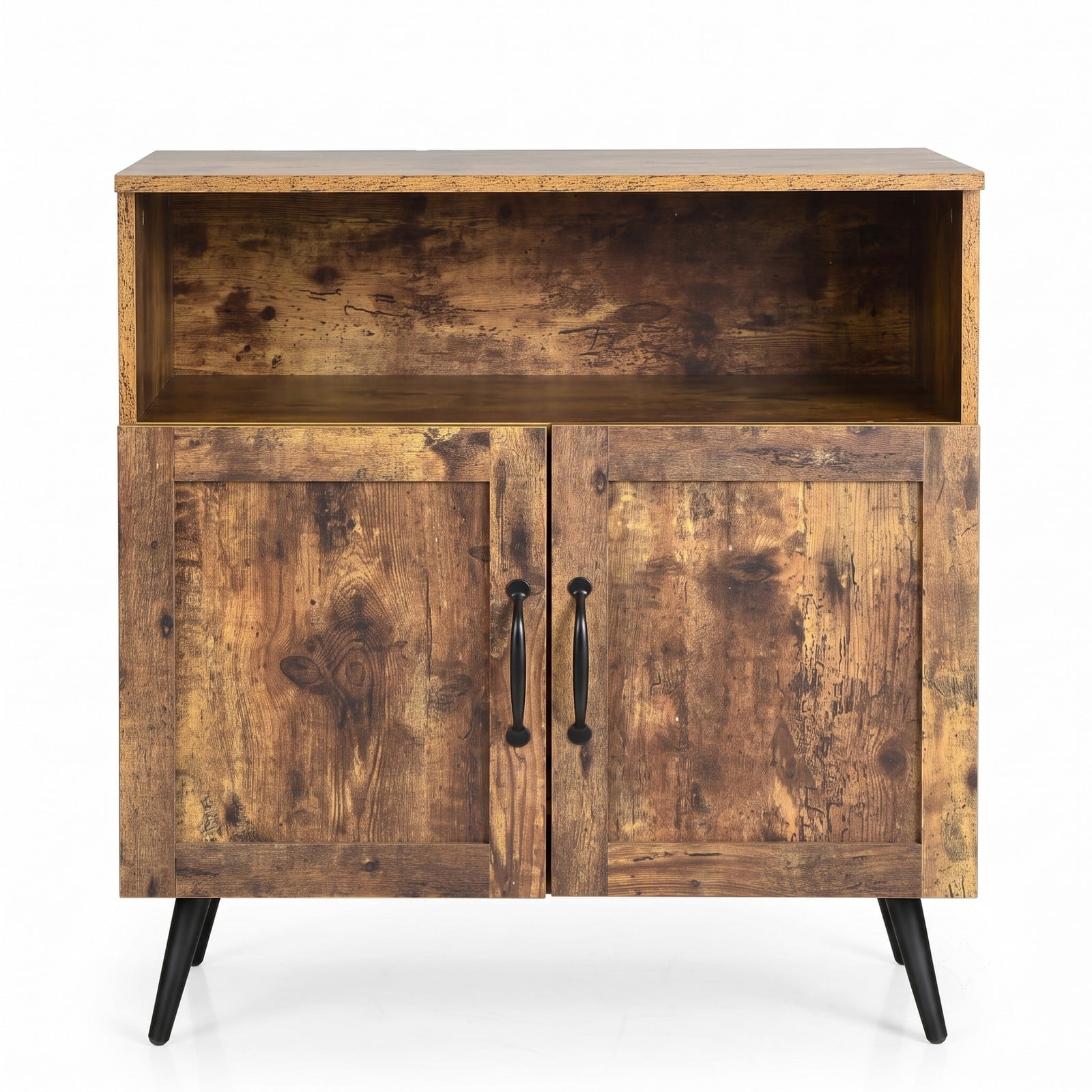 Furnibear Mid-Century Wooden Storage Cabinet Sideboard Buffet with Wine Glass Holders, Open Shelf, 2 Enclosed Cabinets for Living Room Dining Room Kitchen, Rustic Brown