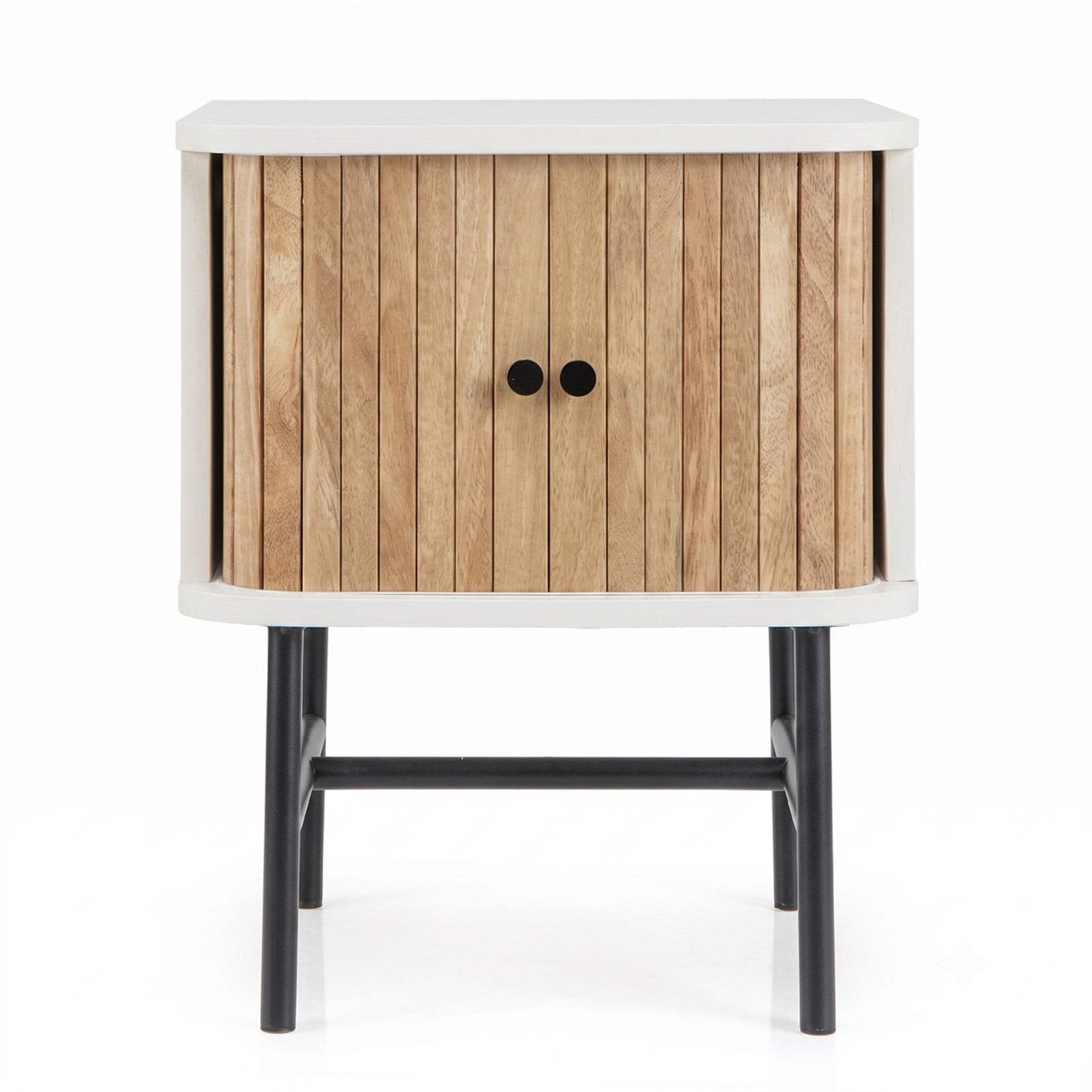 Furnibear Mid-century Modern Nightstand with Sliding Doors and Storage Cabinet, Compact Bedside Table with Metal Legs for Bedroom, White