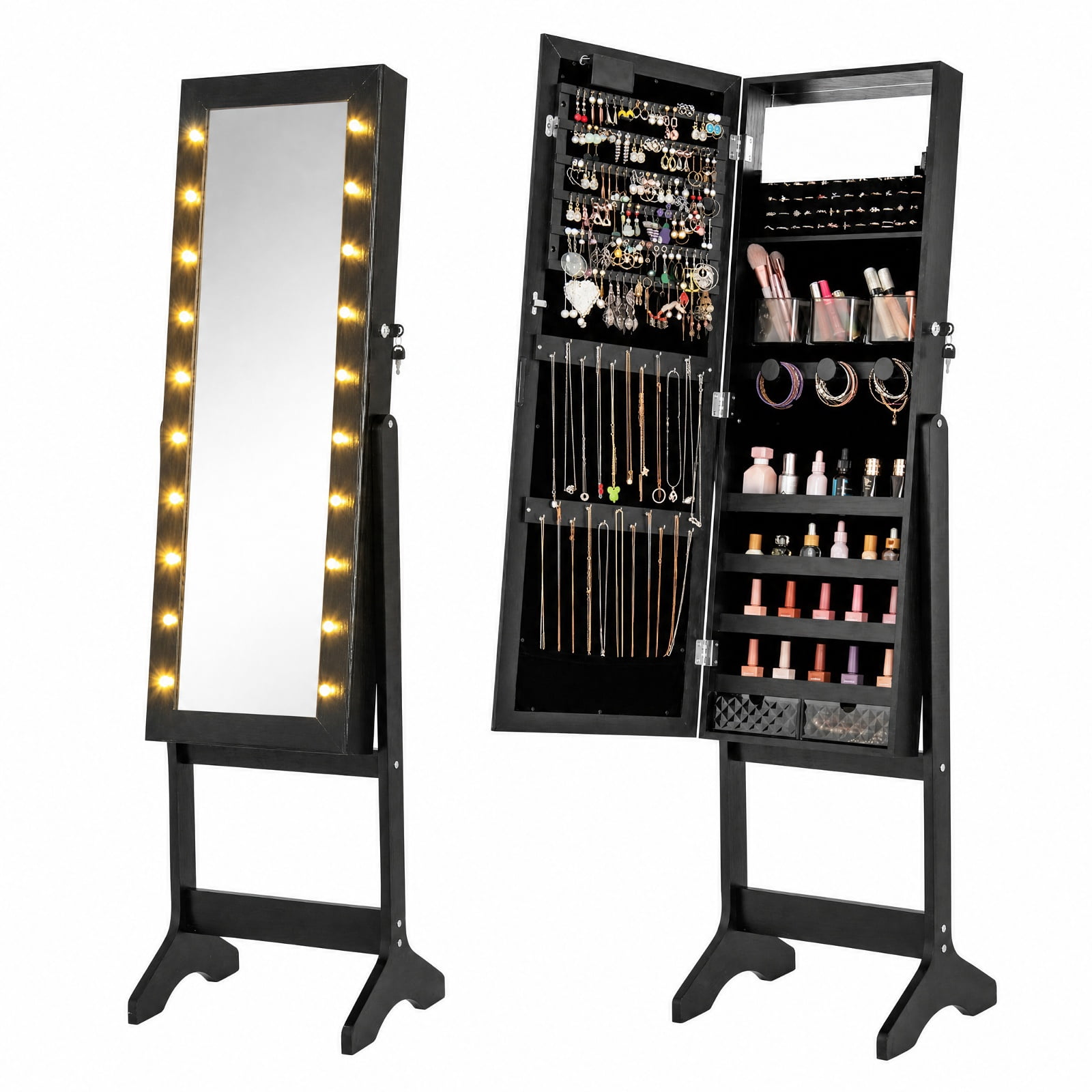 Furnibear Mirror Jewelry Cabinet with 20 Warm Lights and 4 Tilt Angles for Bedroom Dressing Room Jewelry Necklace Rings Storage Mirror, Black