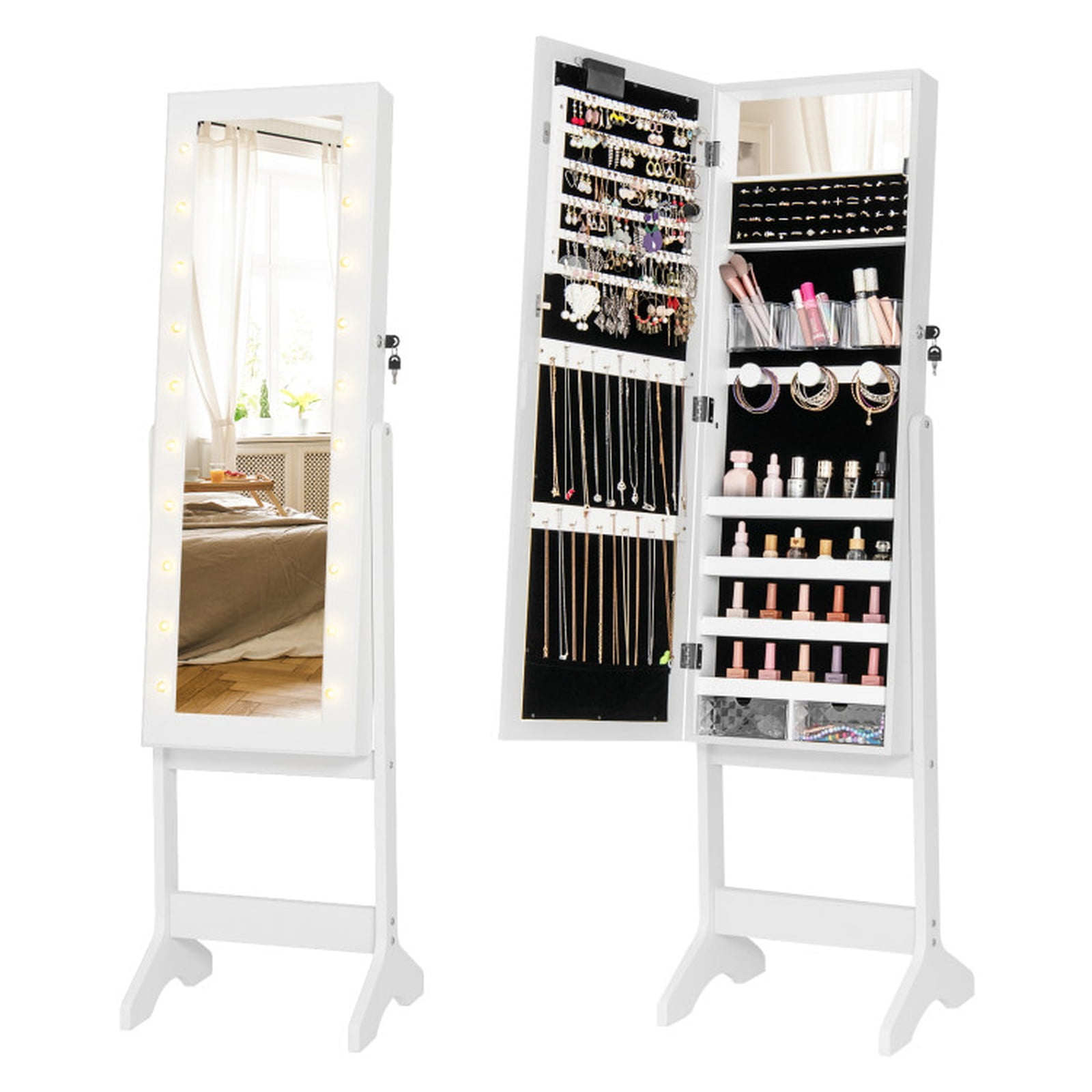 Furnibear Mirror Jewelry Cabinet with 20 Warm Lights and 4 Tilt Angles for Bedroom Dressing Room Jewelry Necklace Rings Storage Mirror, White