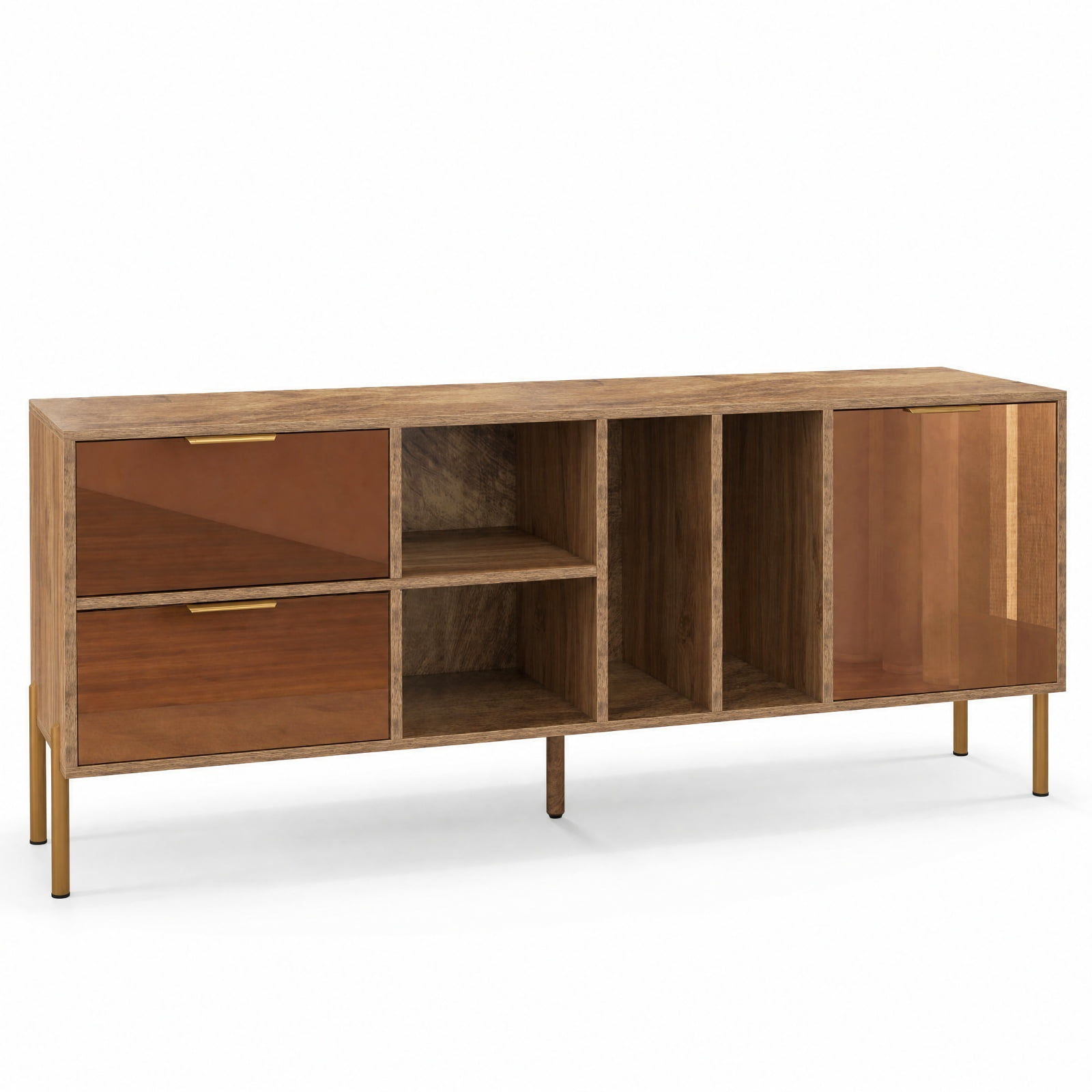 Furnibear Mirrored Buffet Cabinet with 2 Drawers and 1 Door for Living Room for Kitchen Dining Living Room Buffet Storage Server, Natural