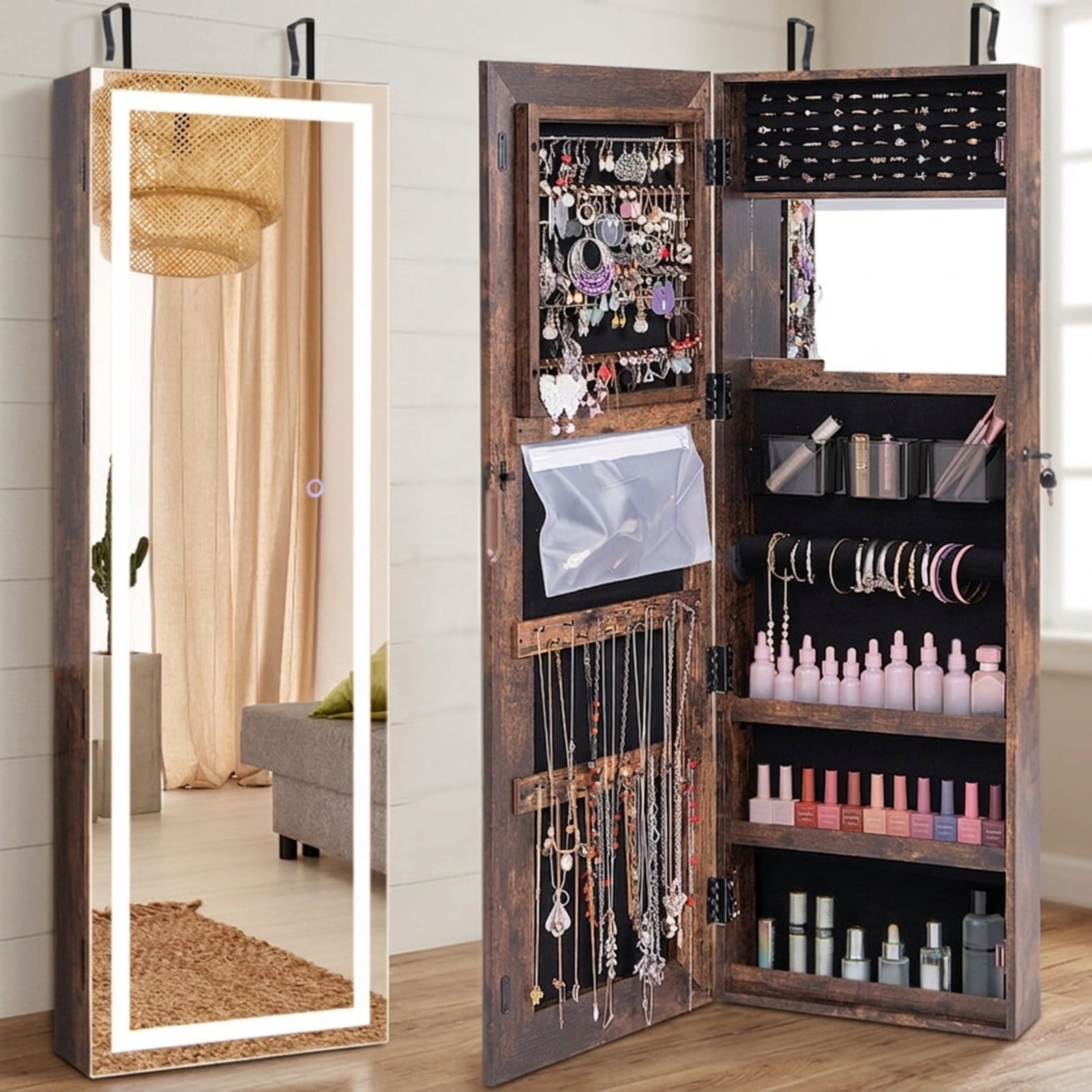 Furnibear Mirrored Jewelry Armoire with Full Length Mirror and 2 Internal LED Lights for Bedroom Dressing Room Jewelry Necklace Rings, Rustic Brown