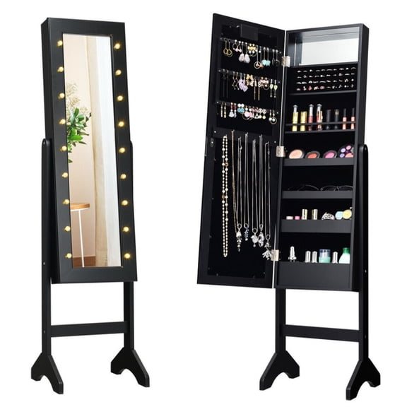 Furnibear Mirrored Jewelry Cabinet Armoire Organizer w/ LED lights, Black - Full Length Mirror Cabinet for Rings Necklaces Earrings