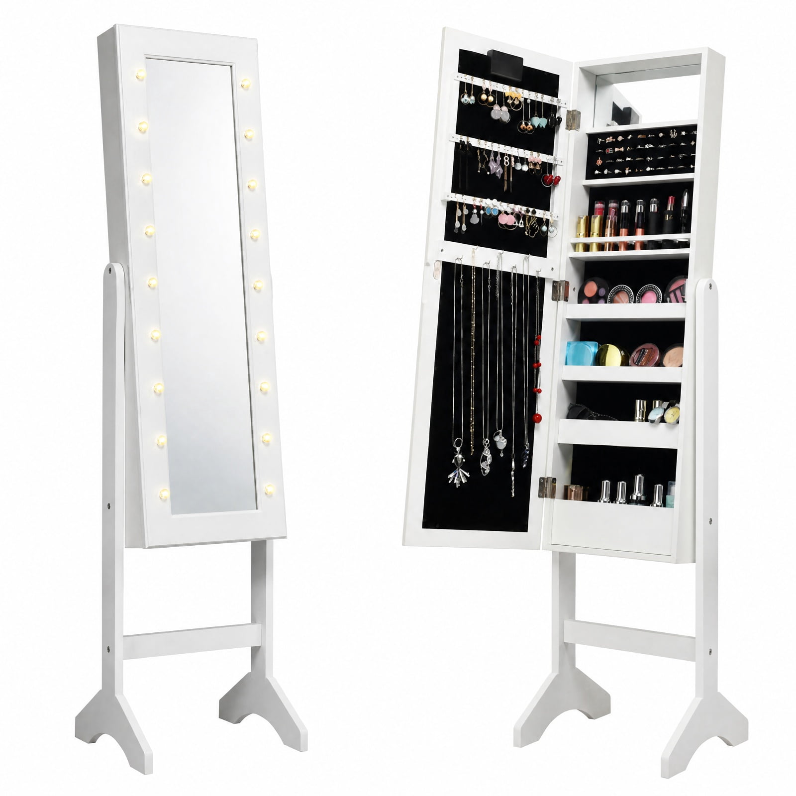 Furnibear Mirrored Jewelry Cabinet Armoire Organizer w/ LED lights for Bedroom Dressing Room Jewelry Necklace Rings Storage Mirror, White