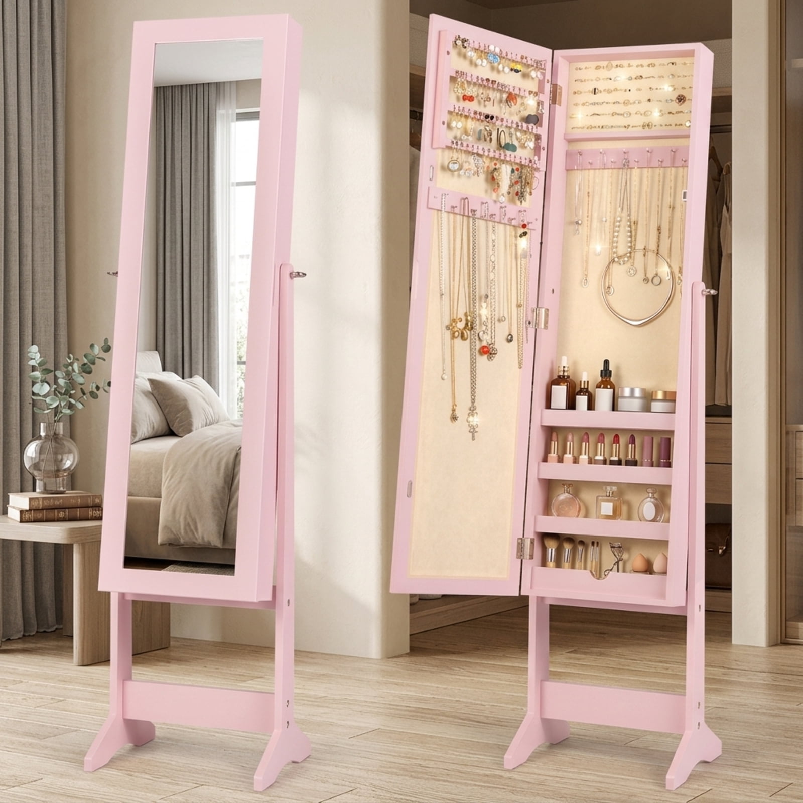 Furnibear Mirrored Standing Jewelry Cabinet Storage Box for Bedroom Dressing Room Jewelry Necklace Rings Storage Mirror, Pink