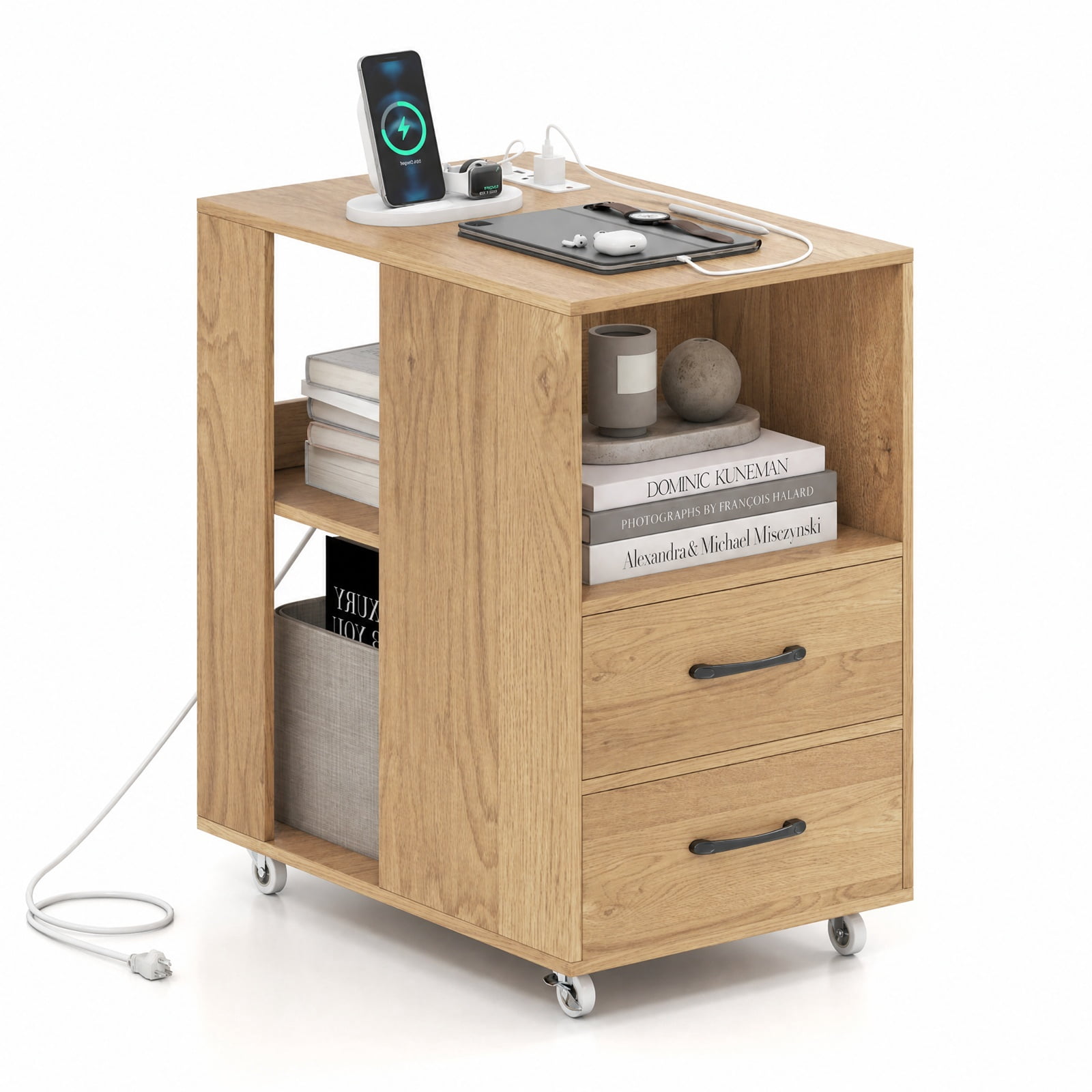 Furnibear Mobile Bedside Table with Charging Station 2 Drawers and Open Shelves End Table on Wheels for Bedroom Sofa Side, Natural