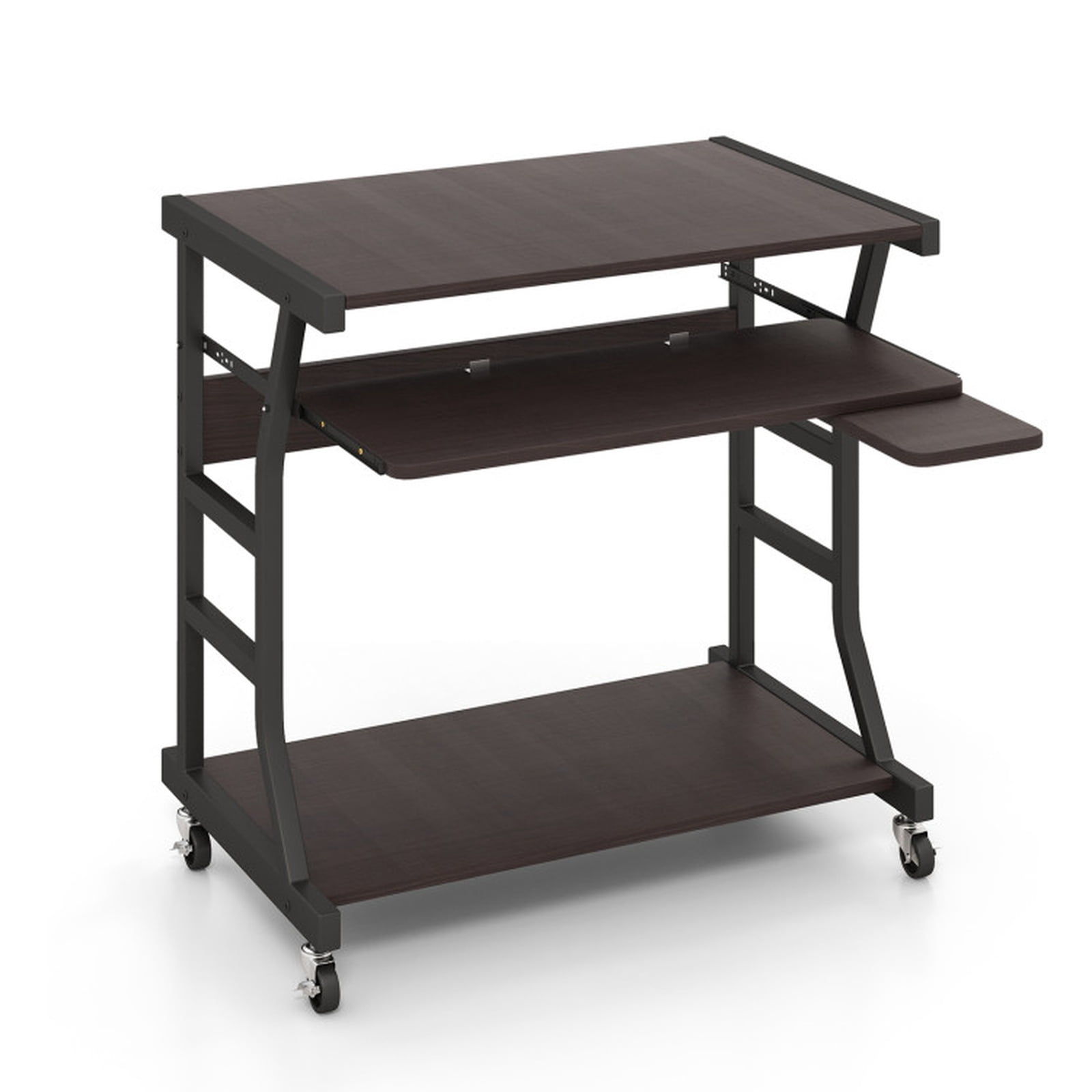 Furnibear Mobile Computer Desk with Keyboard Tray and Rotatable Mouse Tray, Small Rolling Desk with Storage Shelf and Locking Casters, Dark Brown