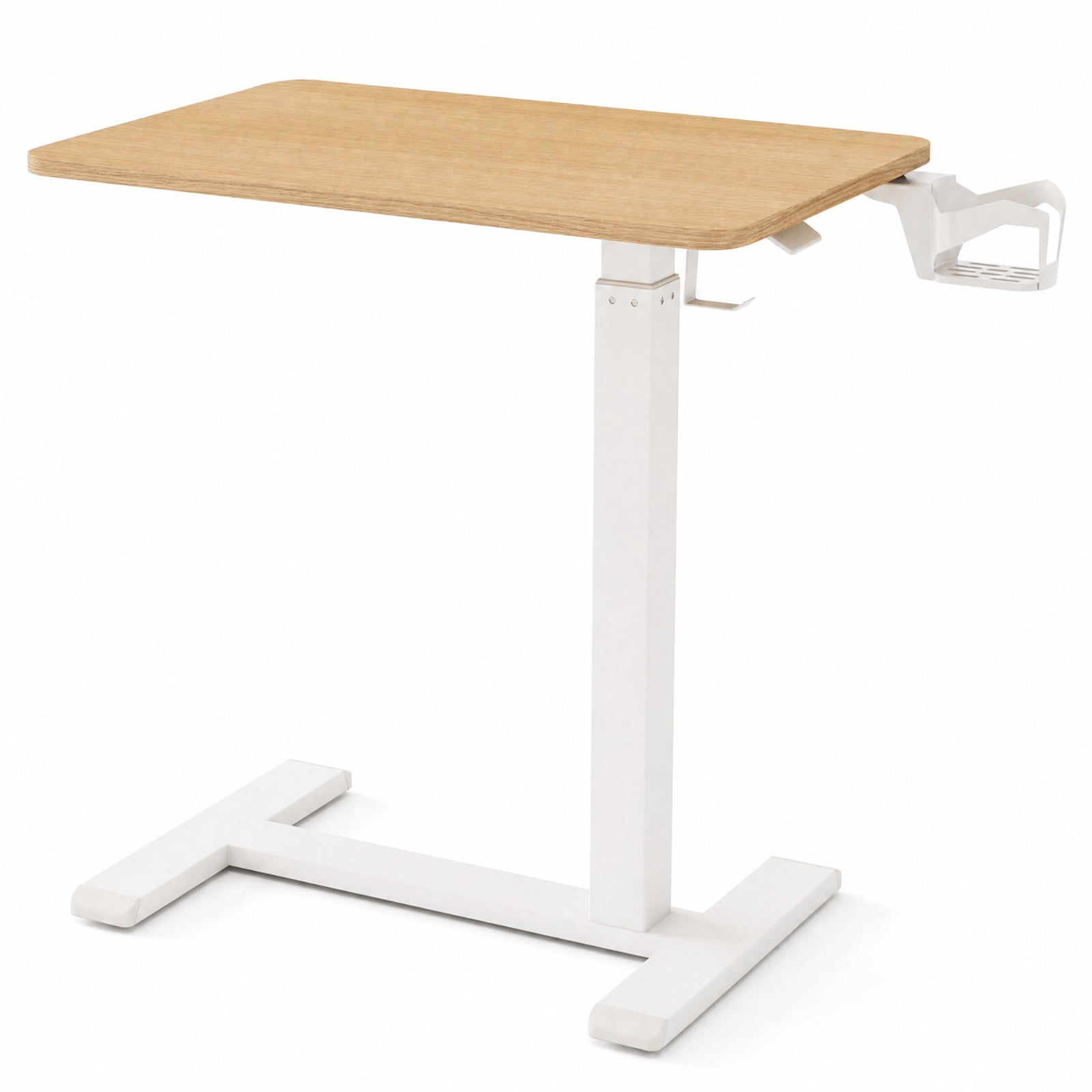Furnibear Mobile Height Adjustable Overbed Bedside Table with Cup Holder and Wheels C Shaped Side Table for Bedroom Sofa, Natural