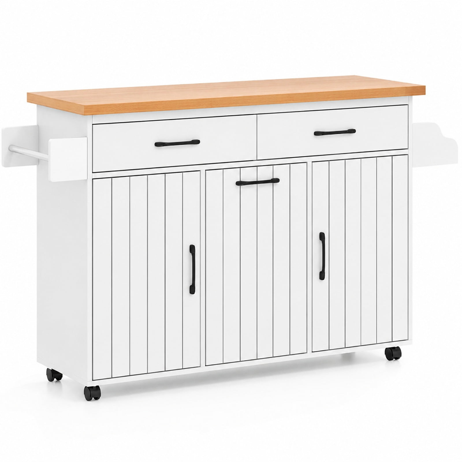 Furnibear Mobile Kitchen Island Table with Trash Bag Storage Adjustable Cabinets Spice Rack and Drawers for Dining Rooms, White