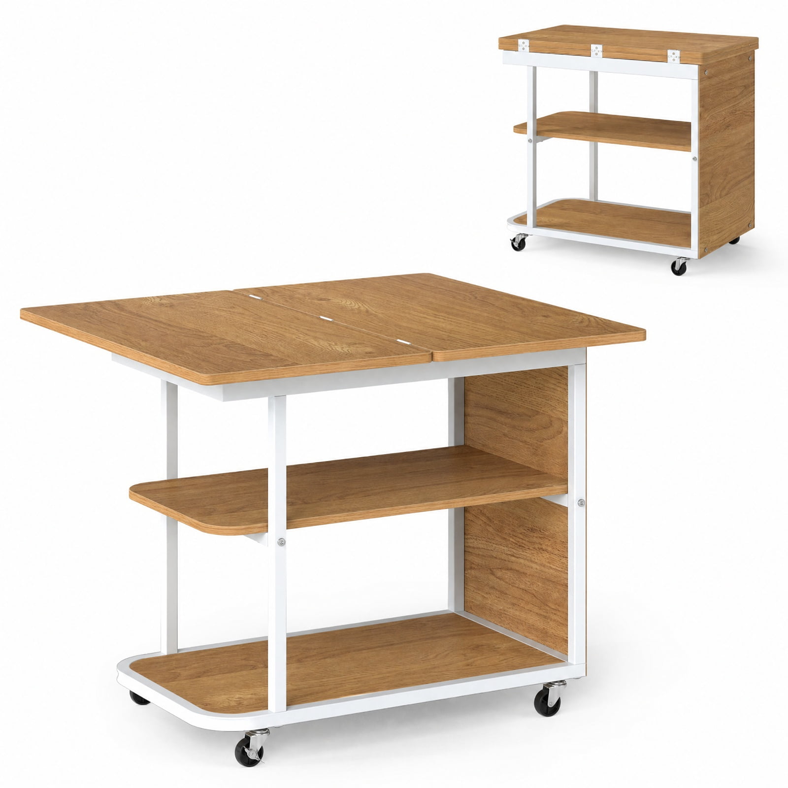 Furnibear Mobile Nightstand with Foldable Swivel Top and 2 Tier Shelf Rolling Bedside Table for Small Spaces Bedroom, Natural