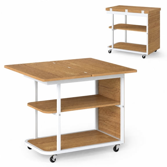 Furnibear Mobile Nightstand with Foldable Swivel Top and 2 Tier Shelf Rolling Bedside Table for Small Spaces Bedroom, Natural