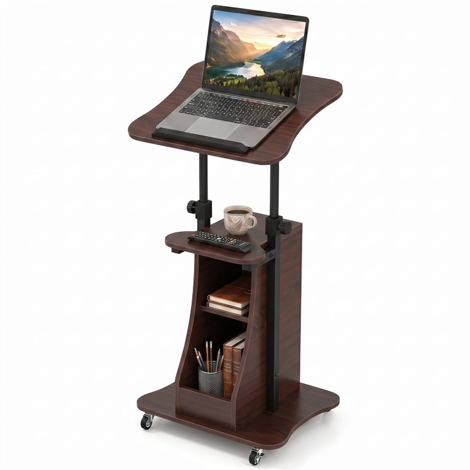 Furnibear Mobile Podium Stand Height Adjustable Laptop Cart with Tilting Tabletop Lockable Wheels and Storage Compartments for Office, Brown