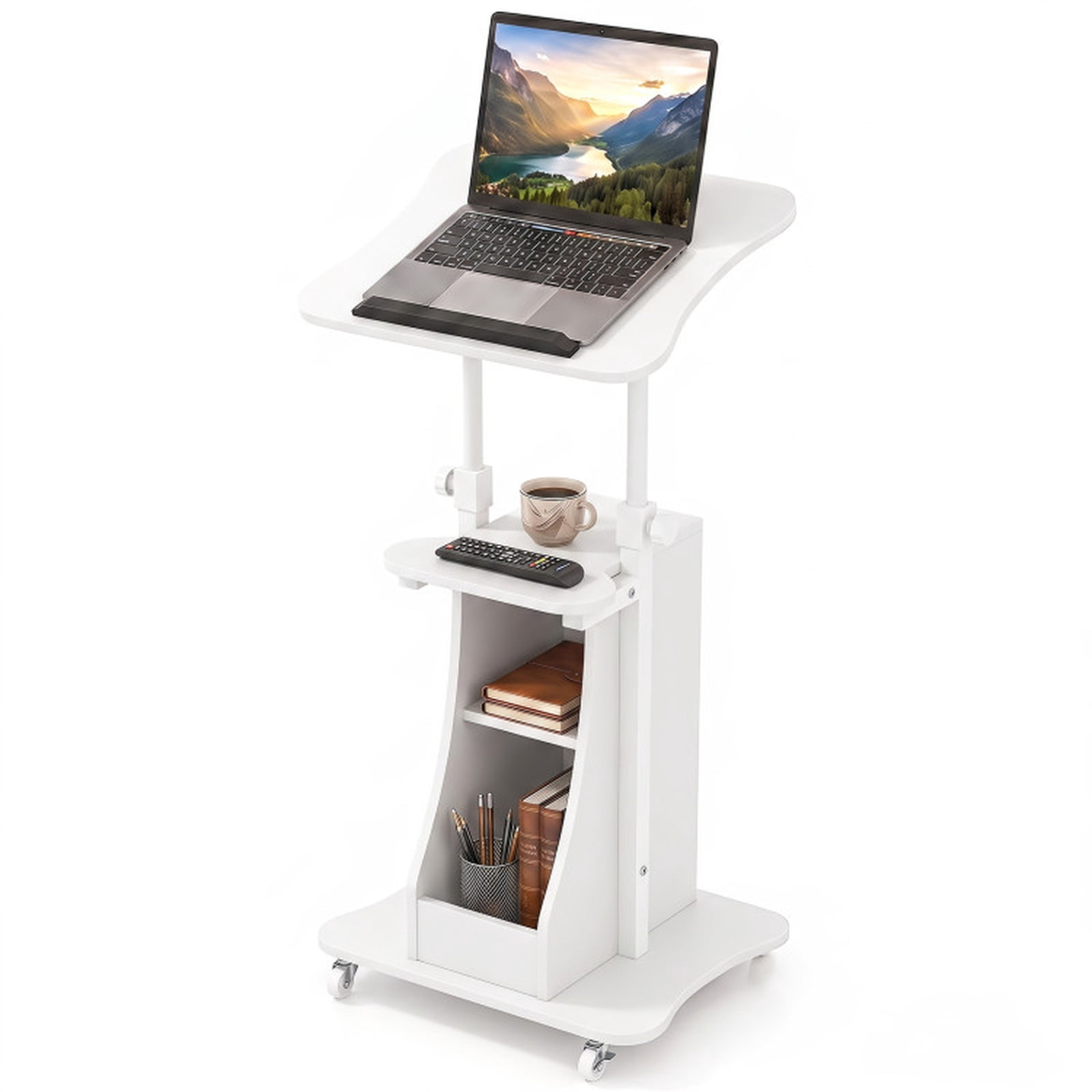 Furnibear Mobile Podium Stand Height Adjustable Laptop Cart with Tilting Tabletop Lockable Wheels and Storage Compartments for School, White