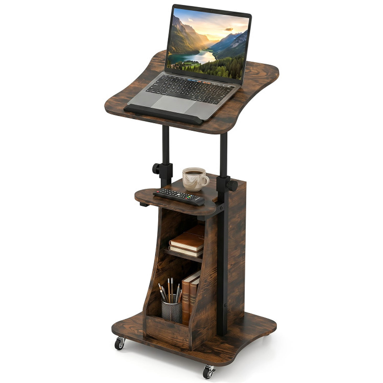 Furnibear Mobile Podium Stand Height Adjustable Laptop Cart with Tilting Tabletop Rolling Wheels and Storage Compartments for Classroom, Rustic Brown