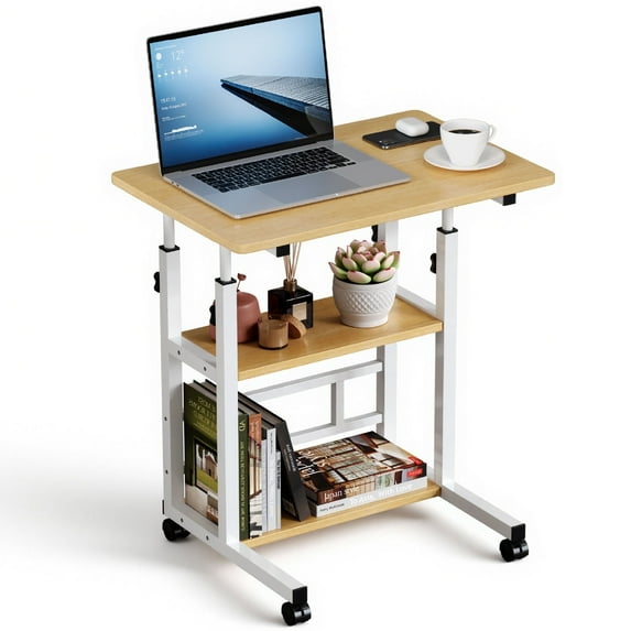 Furnibear Portable Rolling Desk on Wheels, Height Adjustable Desk with 2 Tier Storage Shelves, Standing Table for Office, Natural Color