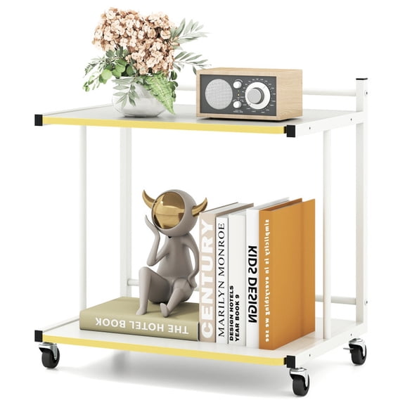 Furnibear Mobile Side Table, 2-Tier Rolling End Table with Open Shelves and Golden Trimmed Edges for Sofa, White