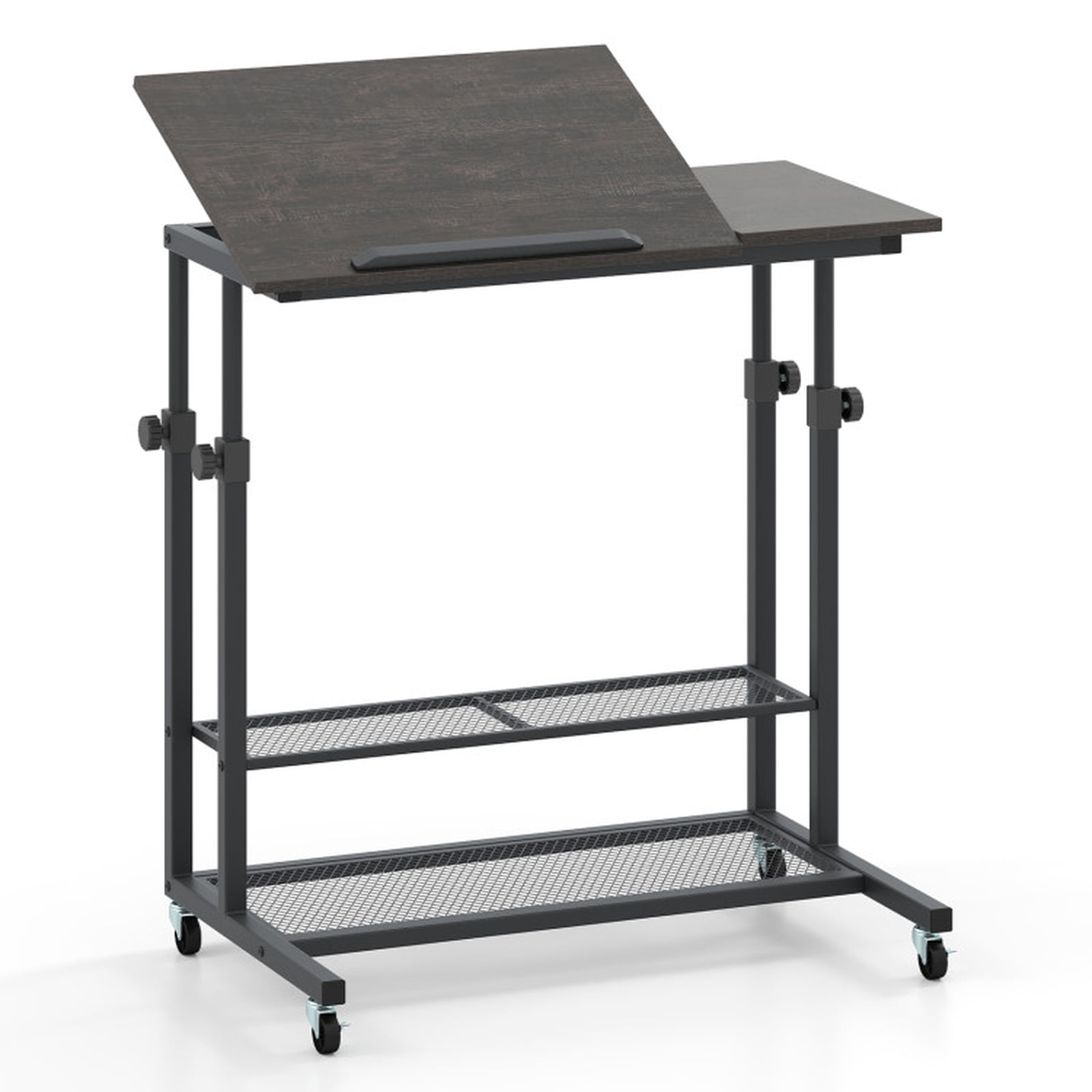 Furnibear Mobile Stand Up Desk Height Adjustable Standing Table with Tilting Tabletop and Storage Shelves, Oak