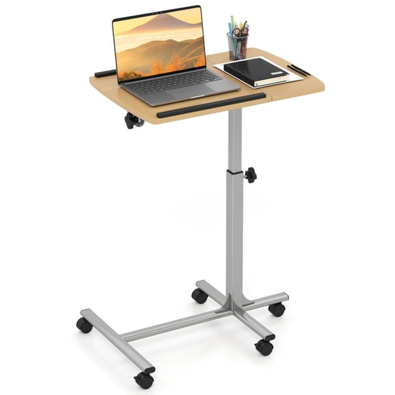 Furnibear Adjustable Angle Rolling Laptop Table with Height Adjustment and Lockable Wheels for Home Office and Bedside Use as a Mobile Printer Stand, Natural