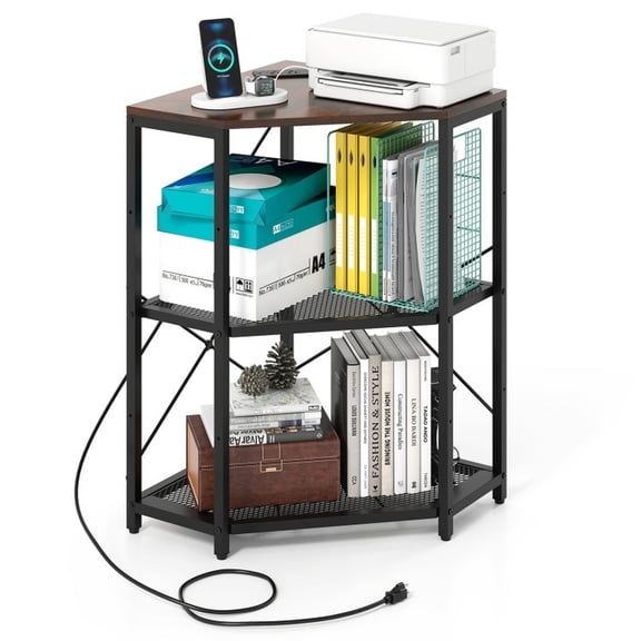Furnibear Mobile Standing Desk Cart Corner Printer Stand with Power Outlet 3-Tier Storage Rack with Adjustable Shelf Rolling Laptop Workstation for Home Office Classroom, Brown