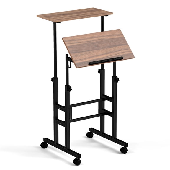 Furnibear Mobile Standing Desk Cart Height-adjustable with Split Top and Adjustable Angle Rolling Laptop Printer Workstation for Home Office Classroom Workspace, Walnut
