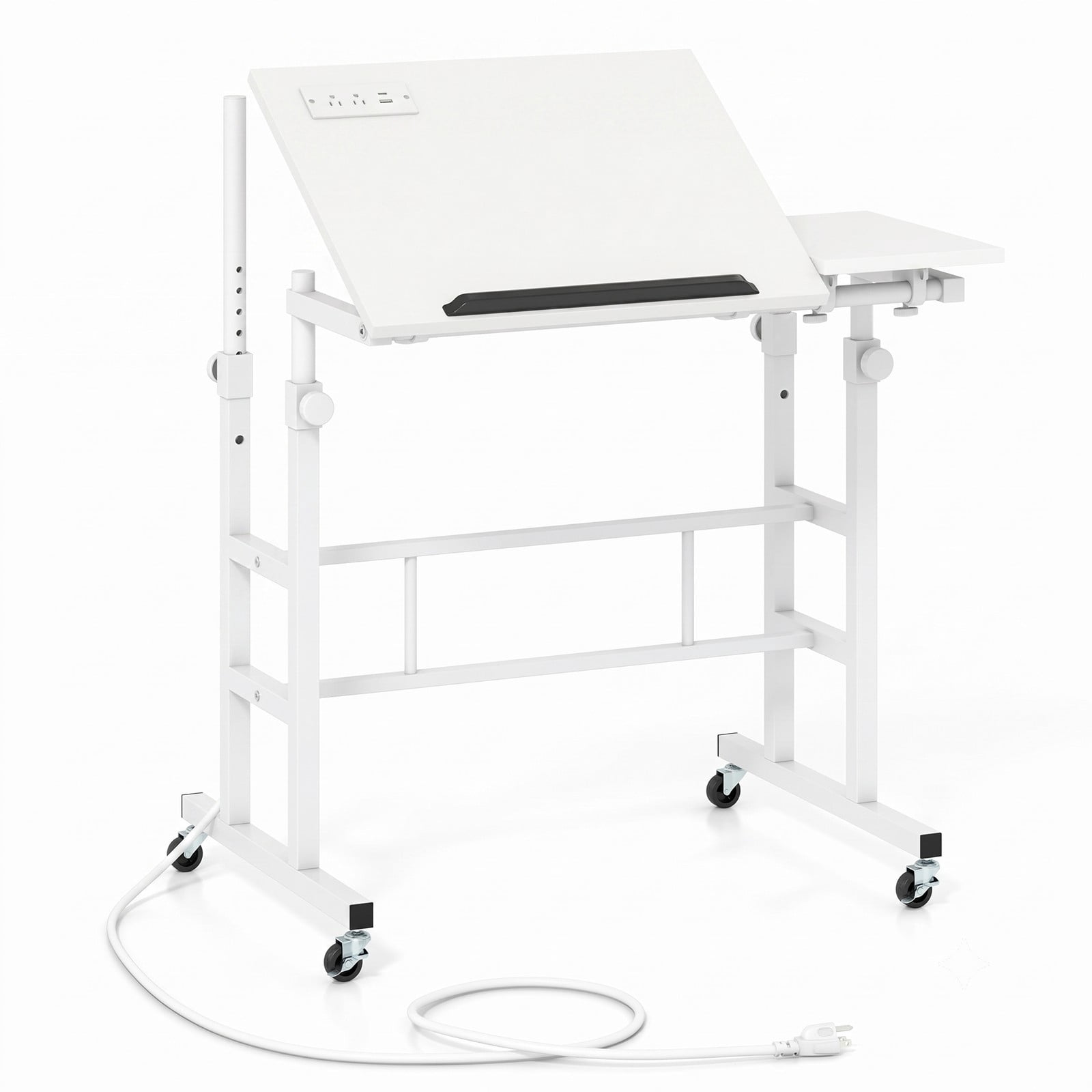 Furnibear Mobile Standing Desk Height Adjustable Computer Workstation with 2 Tilting Desktops, Rolling Sit Stand Desk with Charging Station, USB & Type-C Ports, White