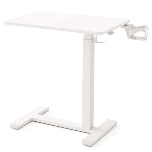 Furnibear Mobile Standing Desk Height Adjustable Overbed Bedside Table with Cup Holder, White