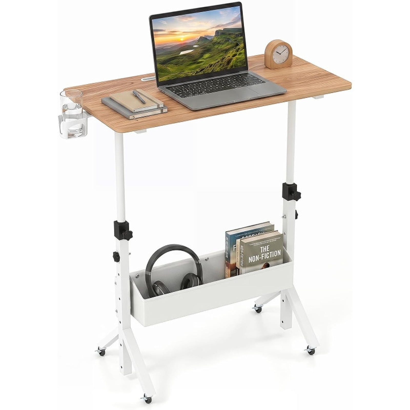 Furnibear Mobile Standing Desk and Height Adjustable Rolling Laptop Desk with Cup Holder Storage Basket and Lockable Wheels for Home Office, Natural