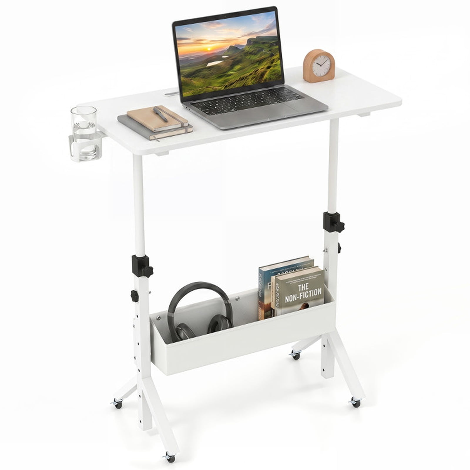 Furnibear Mobile Standing Desk and Height Adjustable Rolling Laptop Desk with Cup Holder Storage Basket and Locking Casters for Small Spaces, White