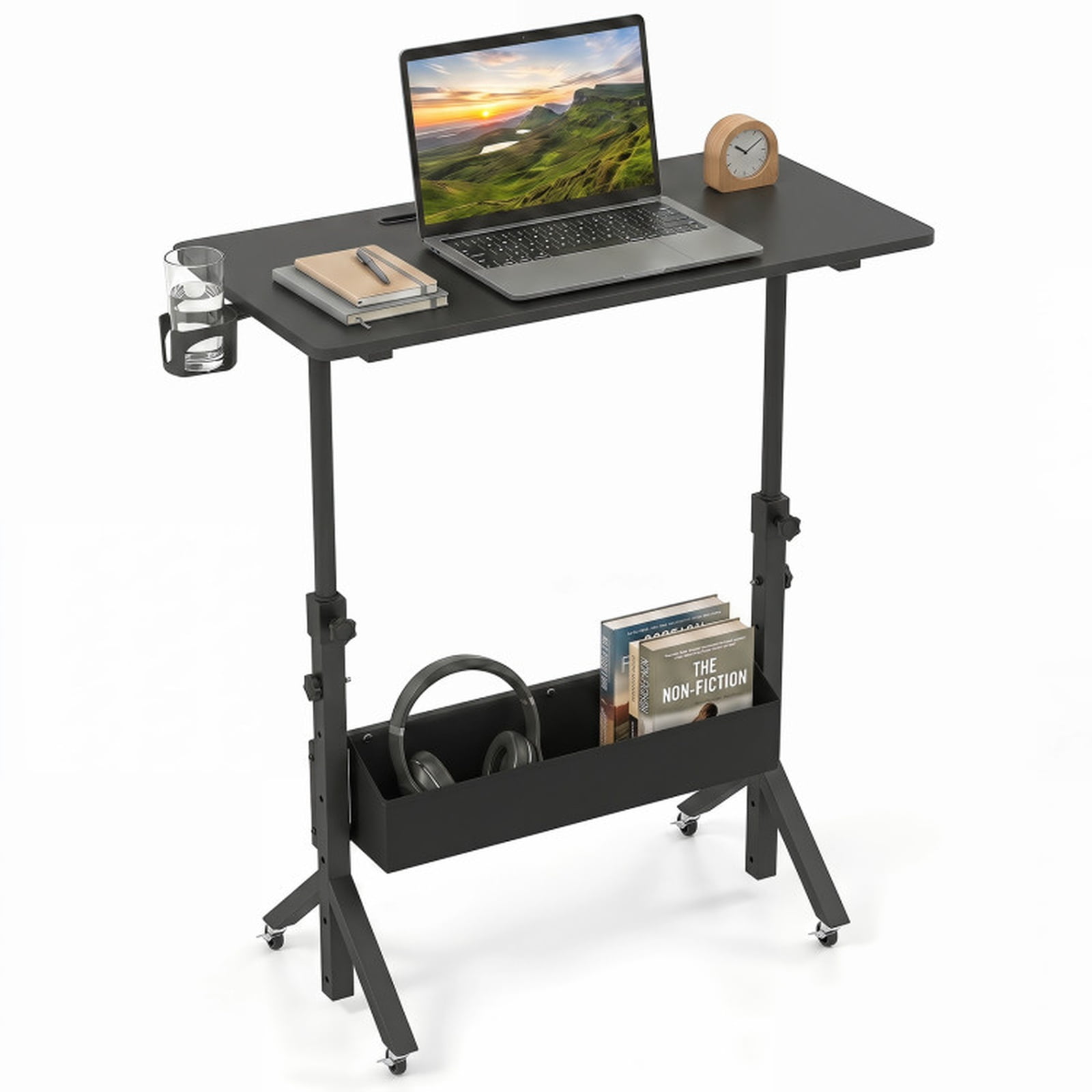 Furnibear Mobile Standing Desk and Height Adjustable Rolling Laptop Desk with Cup Holder Storage Basket and Locking Wheels for Small Spaces, Black