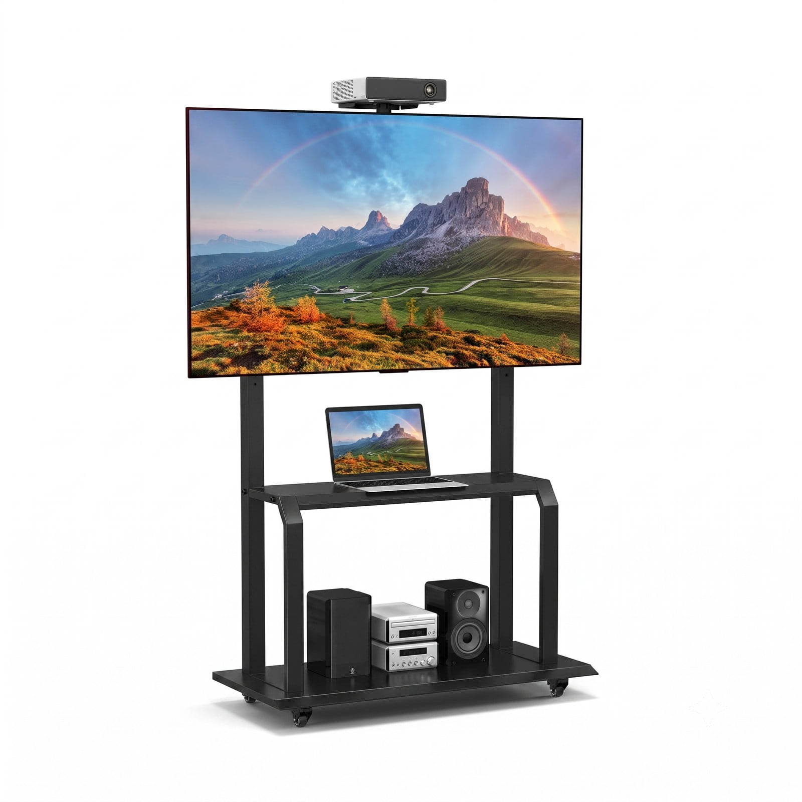 Furnibear Mobile TV Stand with Camera Shelf and AV Shelves for 32-80 Inch Flat Curved TVs, Height Adjustable Rolling Floor TV Cart with Locking Wheels, Holds up, Black