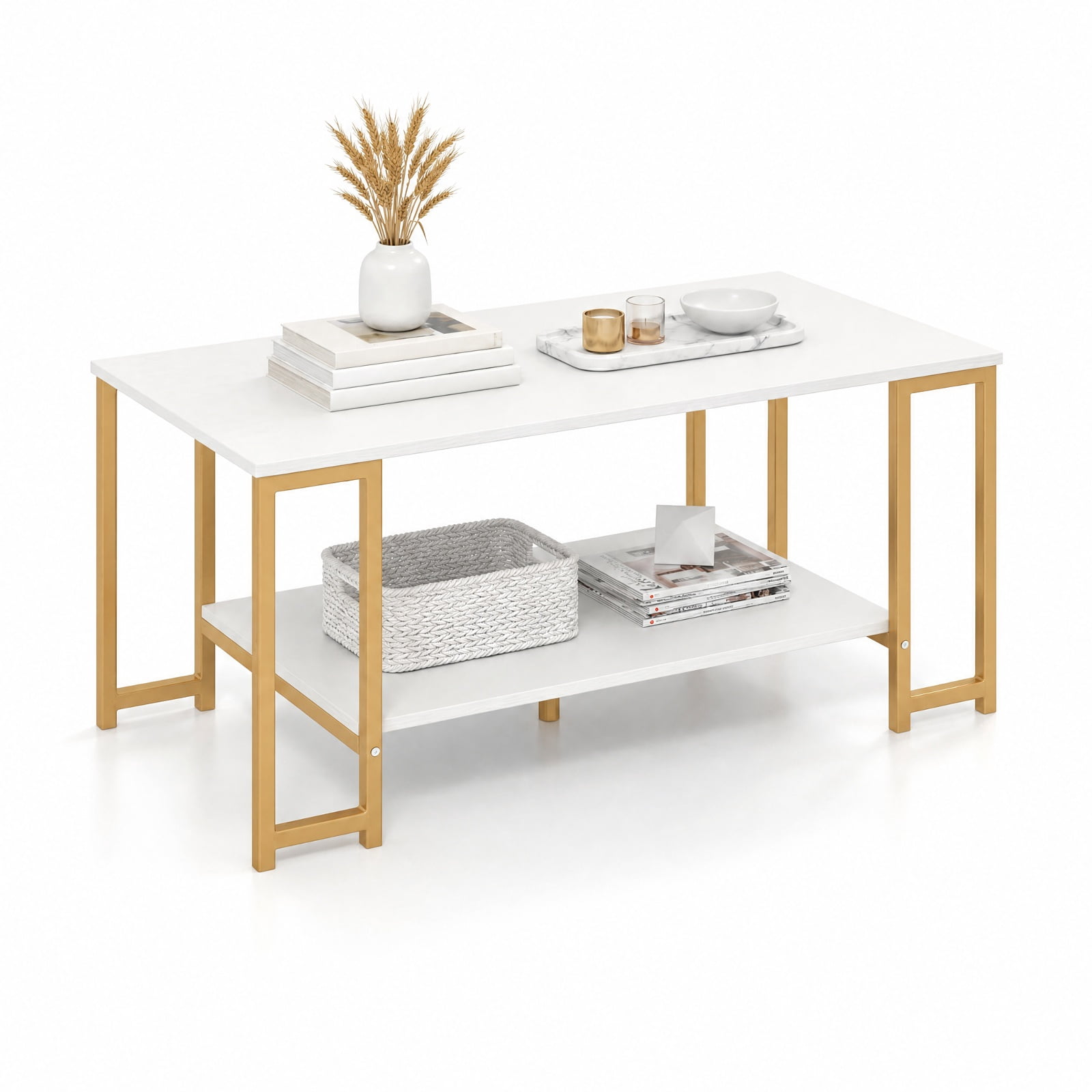 Furnibear Modern 2 Tier Accent Coffee Table with Open Storage Shelf and Metal Frame for Living Room Apartment and Lounge, White