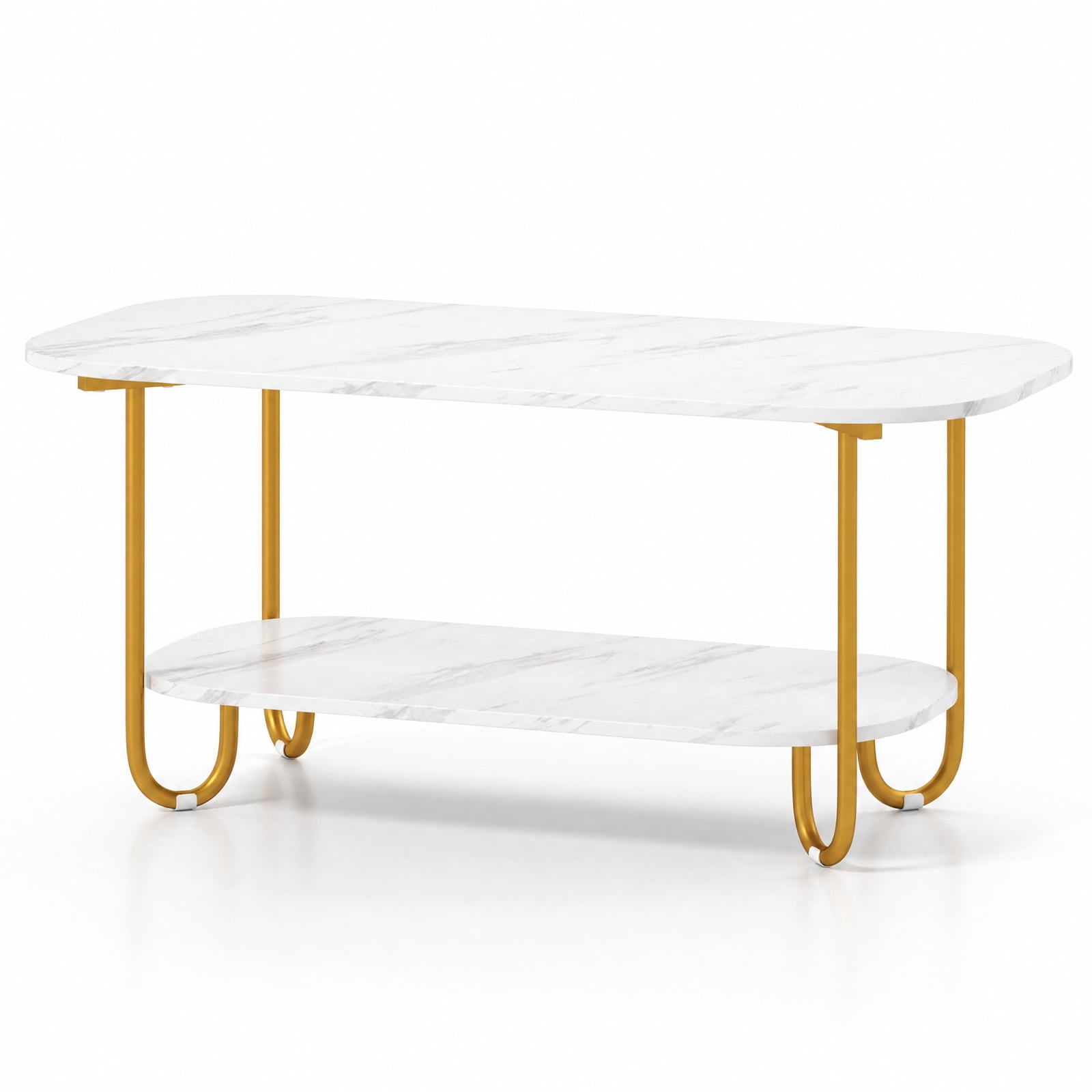 Furnibear Modern 2-Tier Coffee Table with Faux Marble Top Powder-Coated Metal Frame and Storage Shelf for Living Room and Study, White