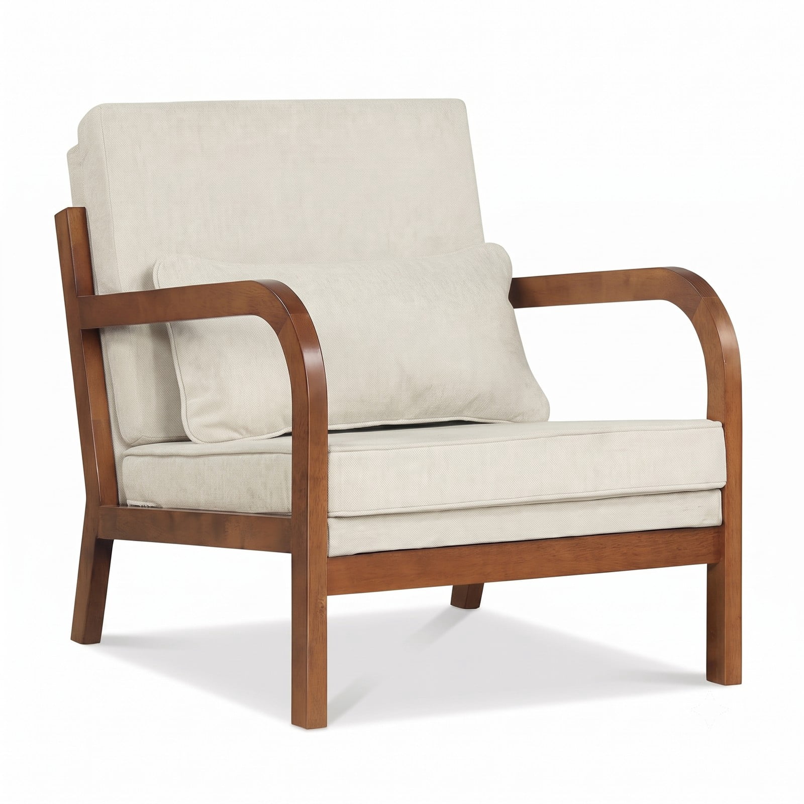 Furnibear Modern Accent Chair, Faux Leather Linen Fabric Upholstered Armchair with Removable Lumbar Pillow, Rubber Wood Frame Single Sofa Chair for Living Room, White