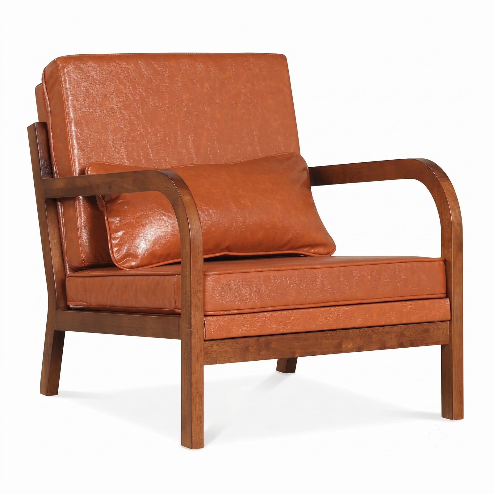 Furnibear Modern Accent Chair, Faux Leather Linen Fabric Upholstered Armchair with Removable Lumbar Pillow, Rubber Wood Frame Single Sofa Chair for Living Room, Brown