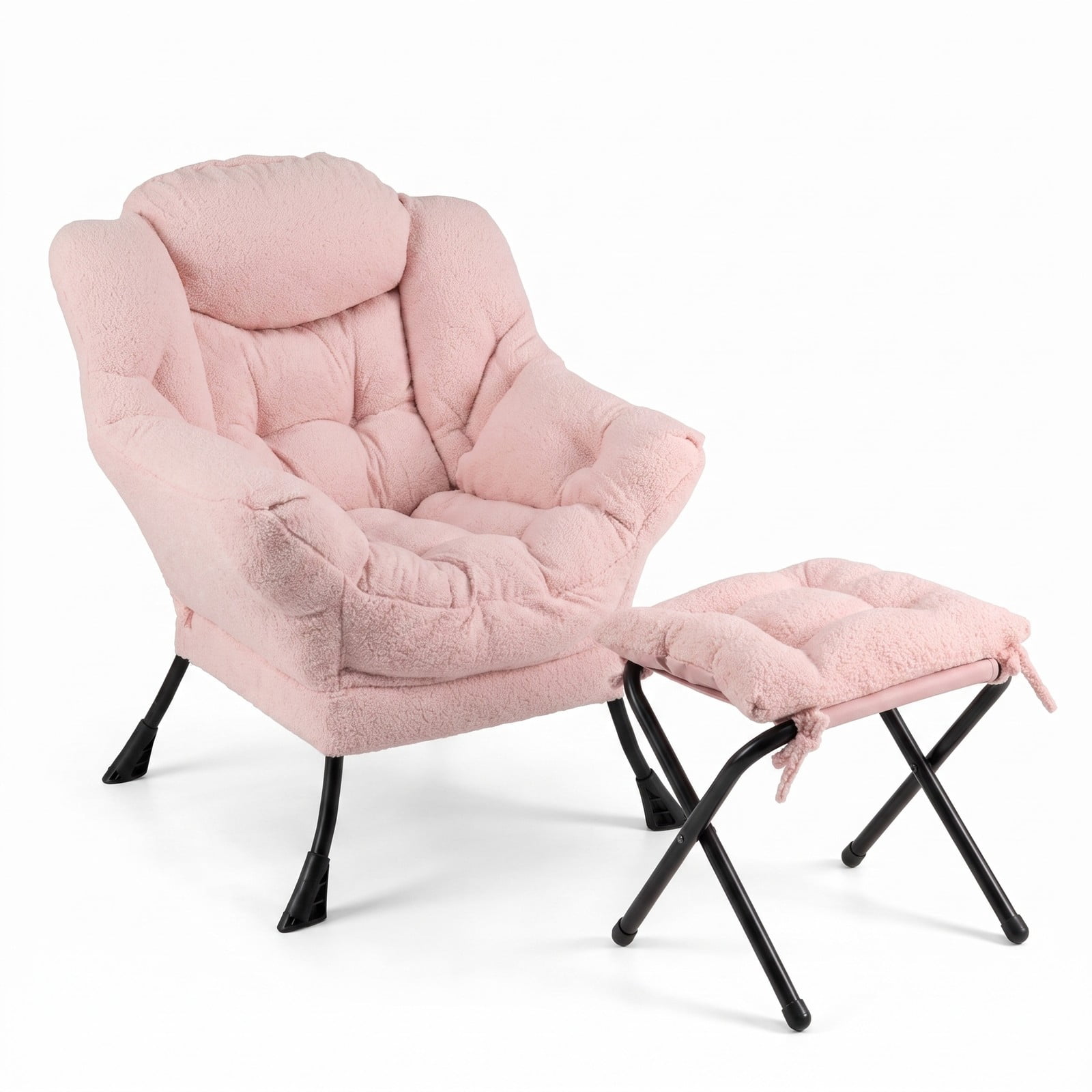 Furnibear Modern Accent Chair with Folding Footrest and Head Pillow, Sherpa Upholstered Ergonomic Living Room Lounge Armchair with Ottoman, Side Pocket and, Pink