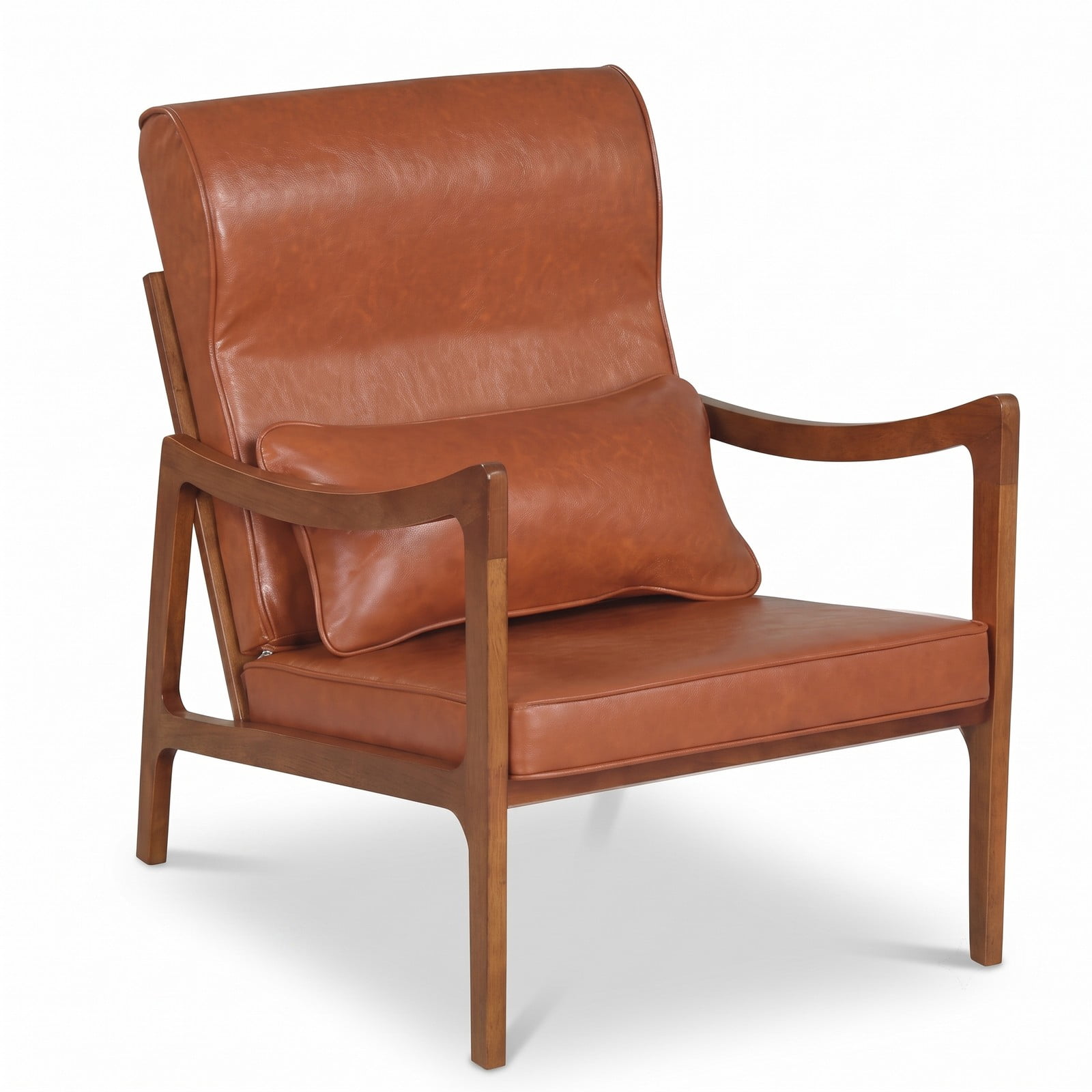 Furnibear Modern Accent Chair, Rubber Wood Faux Leather Upholstered Armchair with Removable Back Seat Cushion & Lumbar Pillow, Padded Living Room Reading Side, Brown