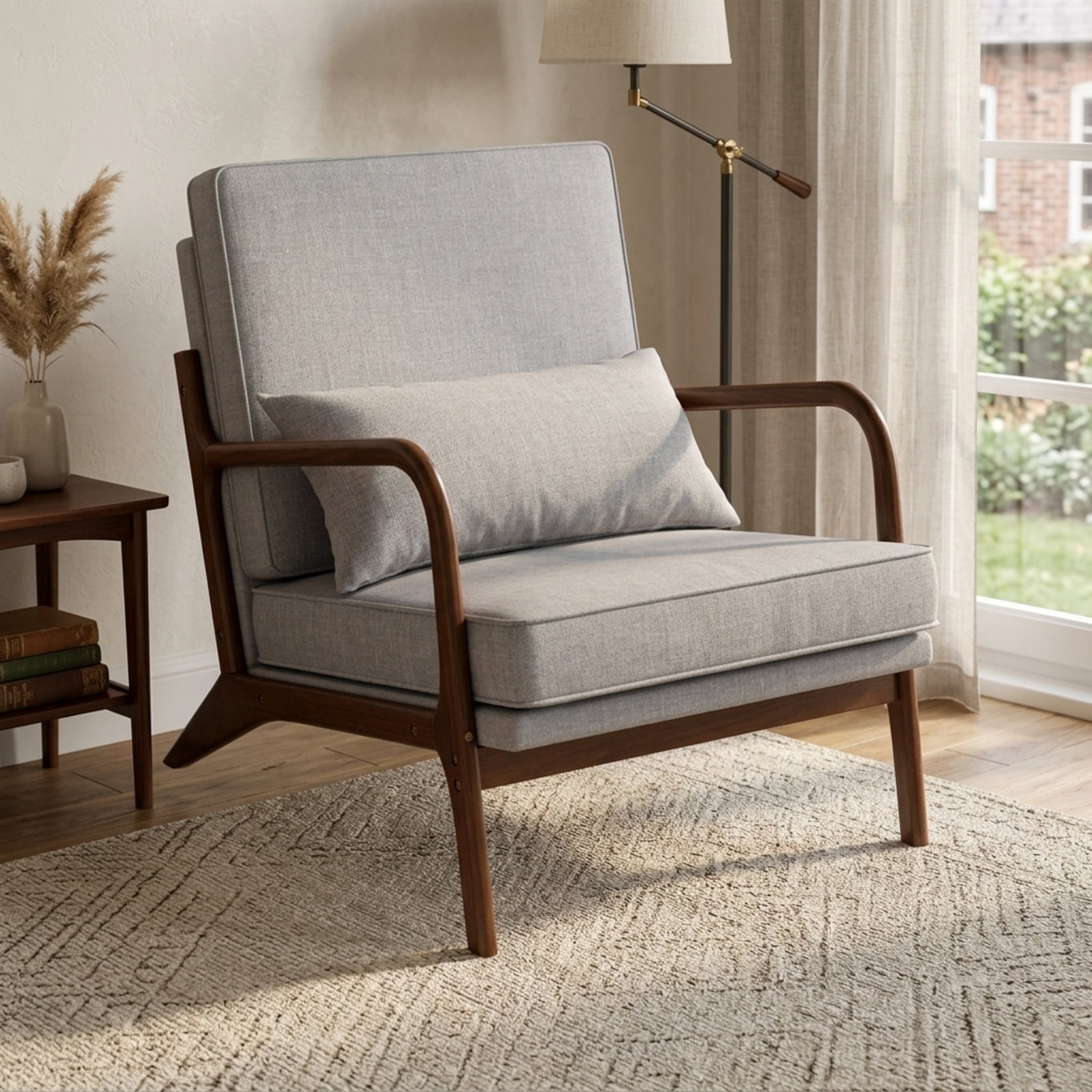 Furnibear Modern Accent Chair with Extra-Wide Padded Seat Removable Lumbar Pillow and Rubber Wood Armrests for Living Room and Bedroom, Gray
