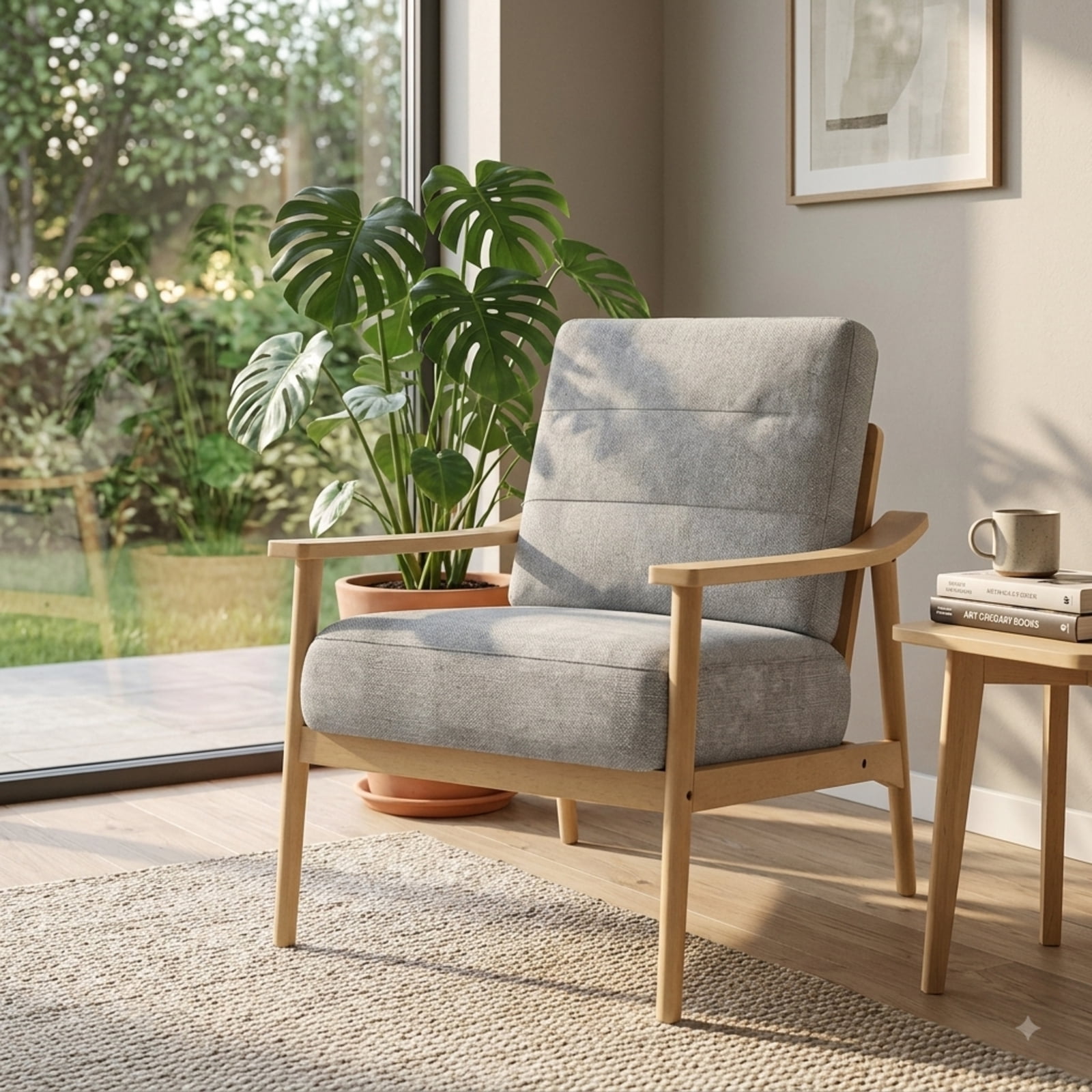 Furnibear Modern Accent Chair with Large Padded Seat Rubber Wood Armrests and Washable Back Cushion for Living Room and Reading Room, Natural