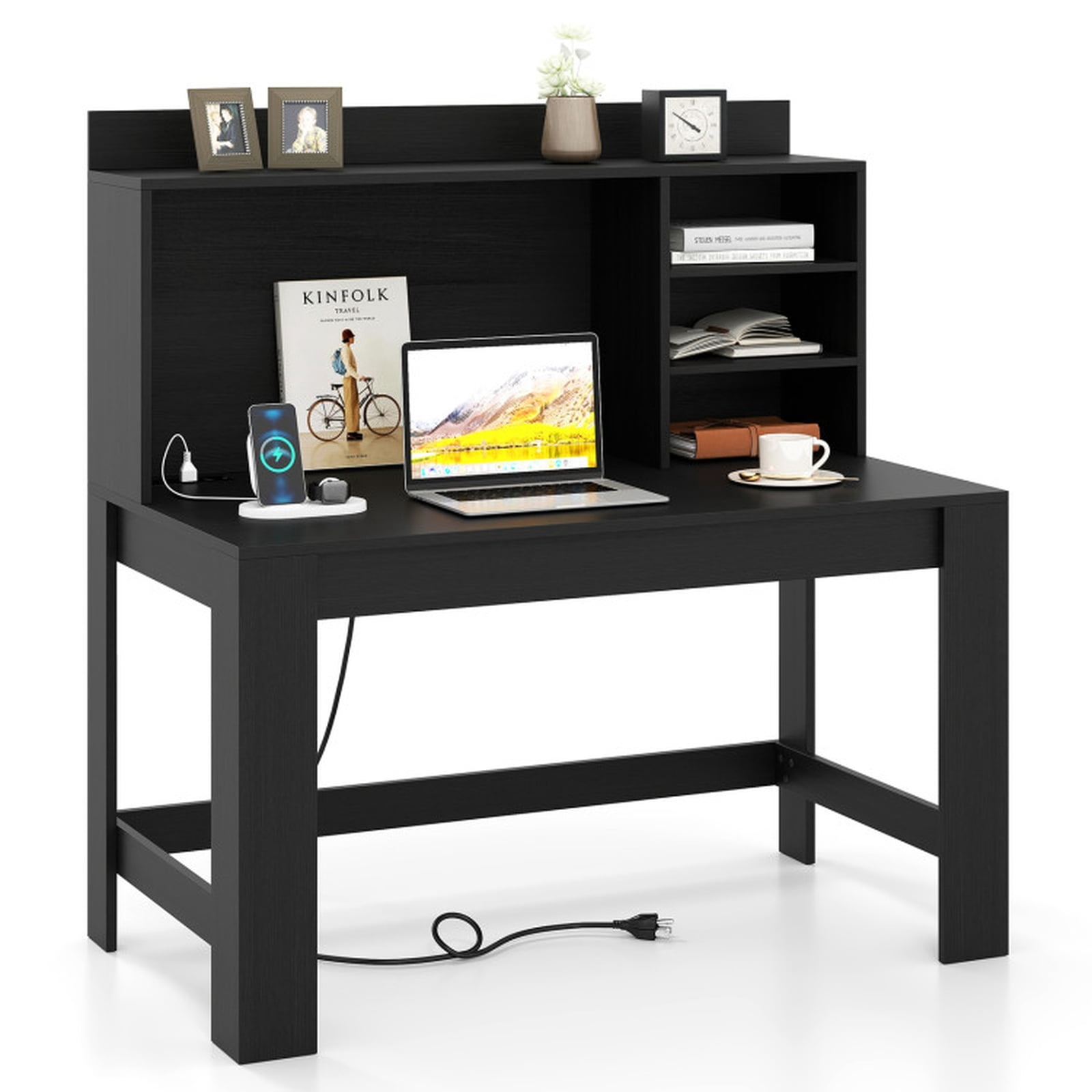 Furnibear Modern Computer Desk with Hutch and Home Office Desk with Storage Shelves Charging Station and USB Ports for Study and Bedroom, Black