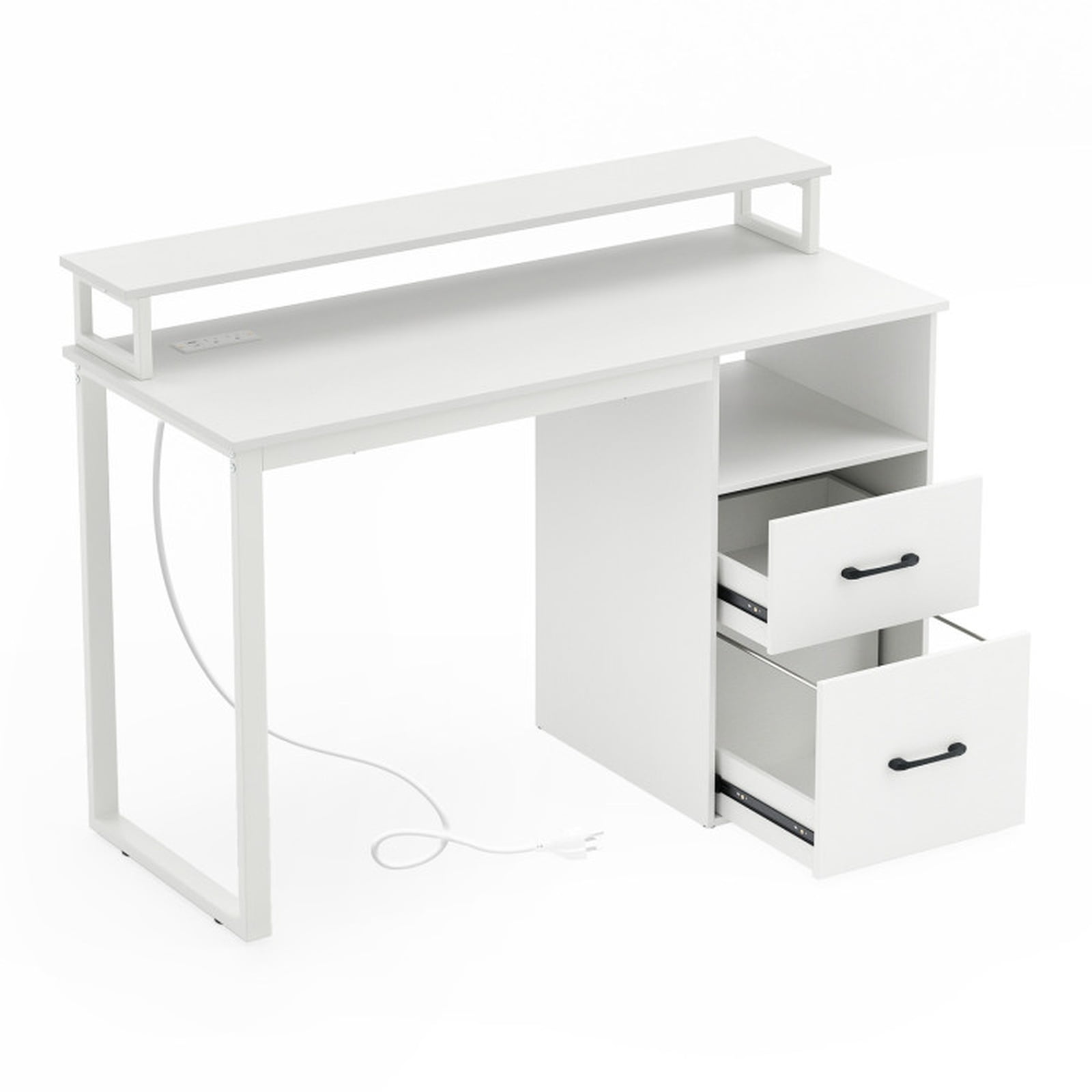 Furnibear Computer Desk with Power Outlets and File Drawer, Modern Home Office Desk with Monitor Stand and Metal Frame for Study Room, White