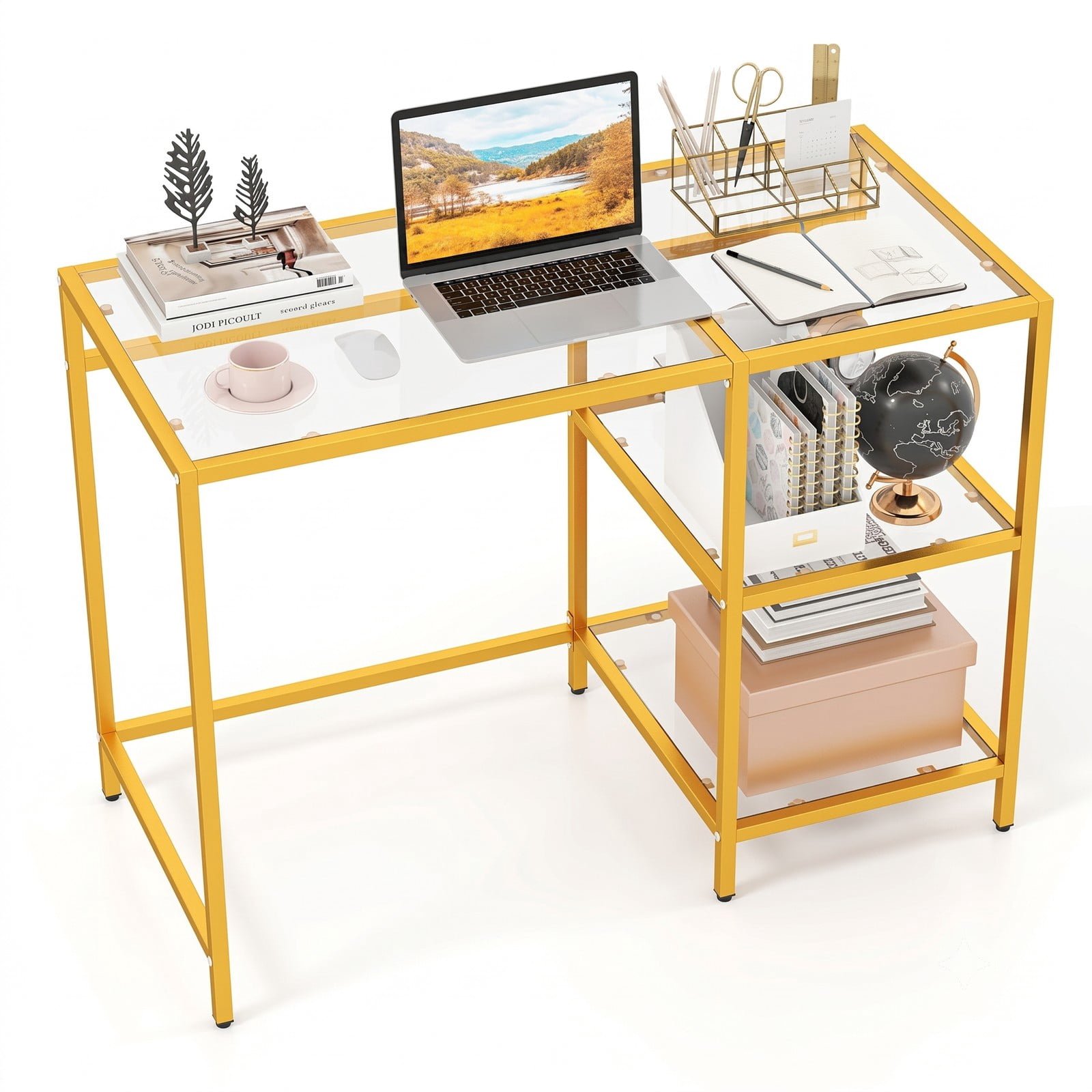 Furnibear Modern Console Table with Tempered Glass Top and 2 Open Shelves and Rust-Resistant Metal Frame for Entryway, Golden