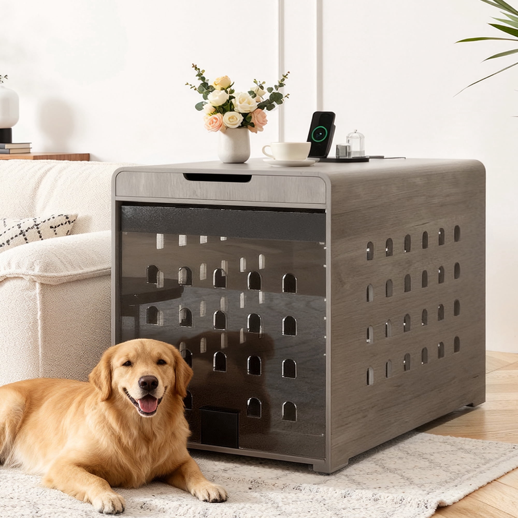 Furnibear Modern Dog Crate Furniture with Charging Station, Multifunctional Side End Table Indoor Kennel with Hidden Door for Small and Medium Dogs Breeds up to 55lb,Gray
