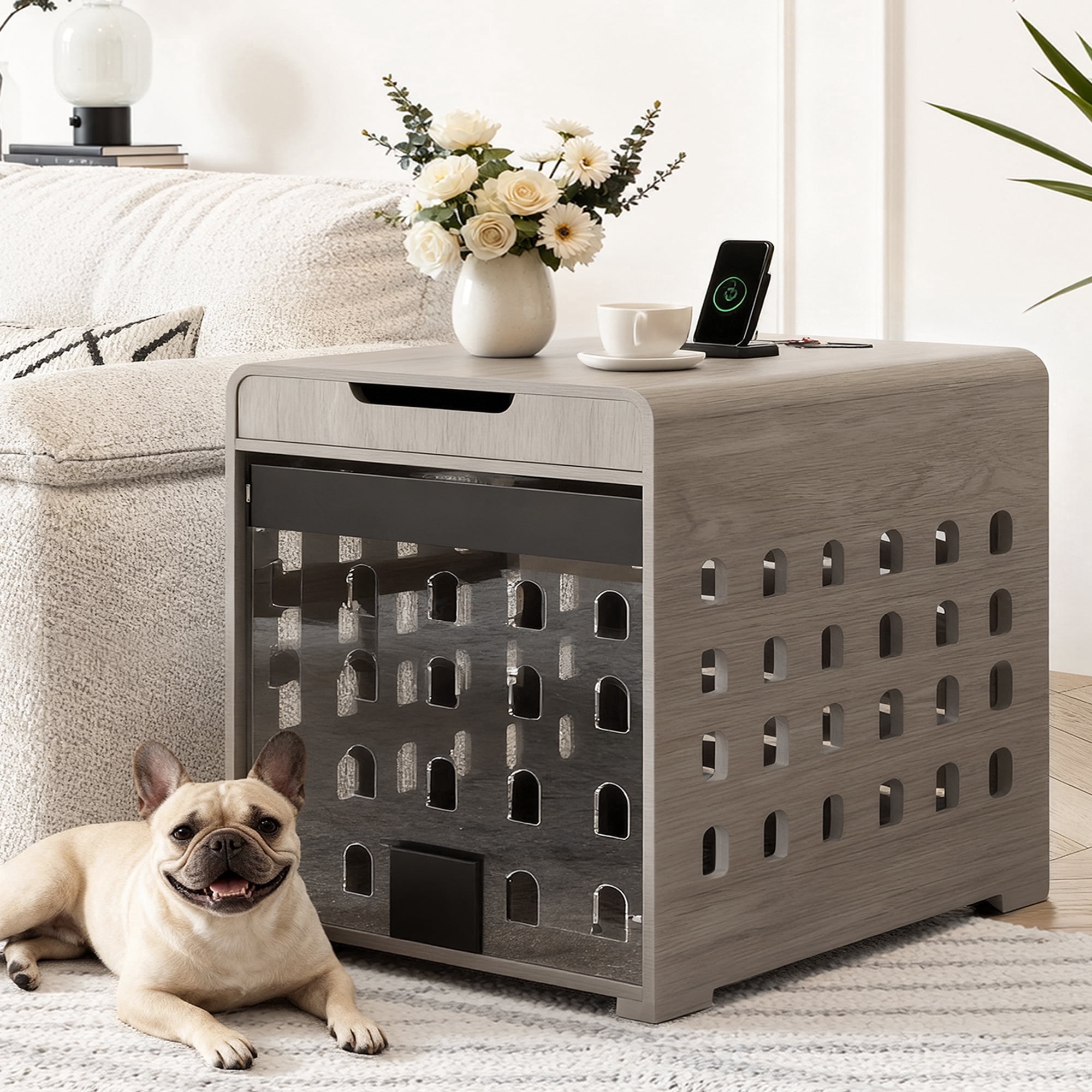 Furnibear Modern Dog Crate Furniture with Charging Station, Multifunctional Side End Table Indoor Kennel with Hidden Door for Small Dogs Breeds up to 45lb,Gray