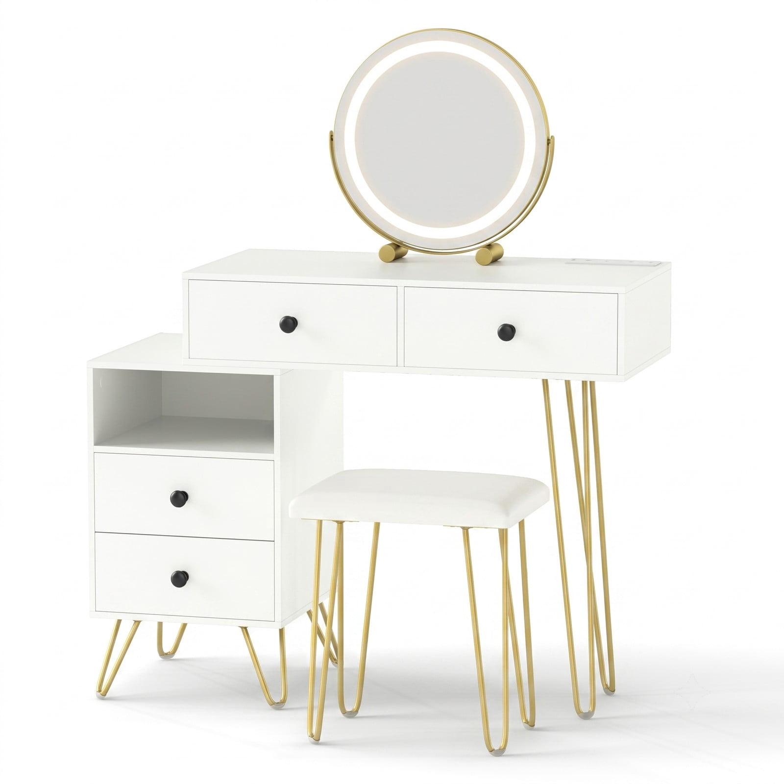 Furnibear Modern Dressing Table with 360 Degree Rotatable LED Mirror and Storage Cabinet and Cushioned Stool for Bedroom, White