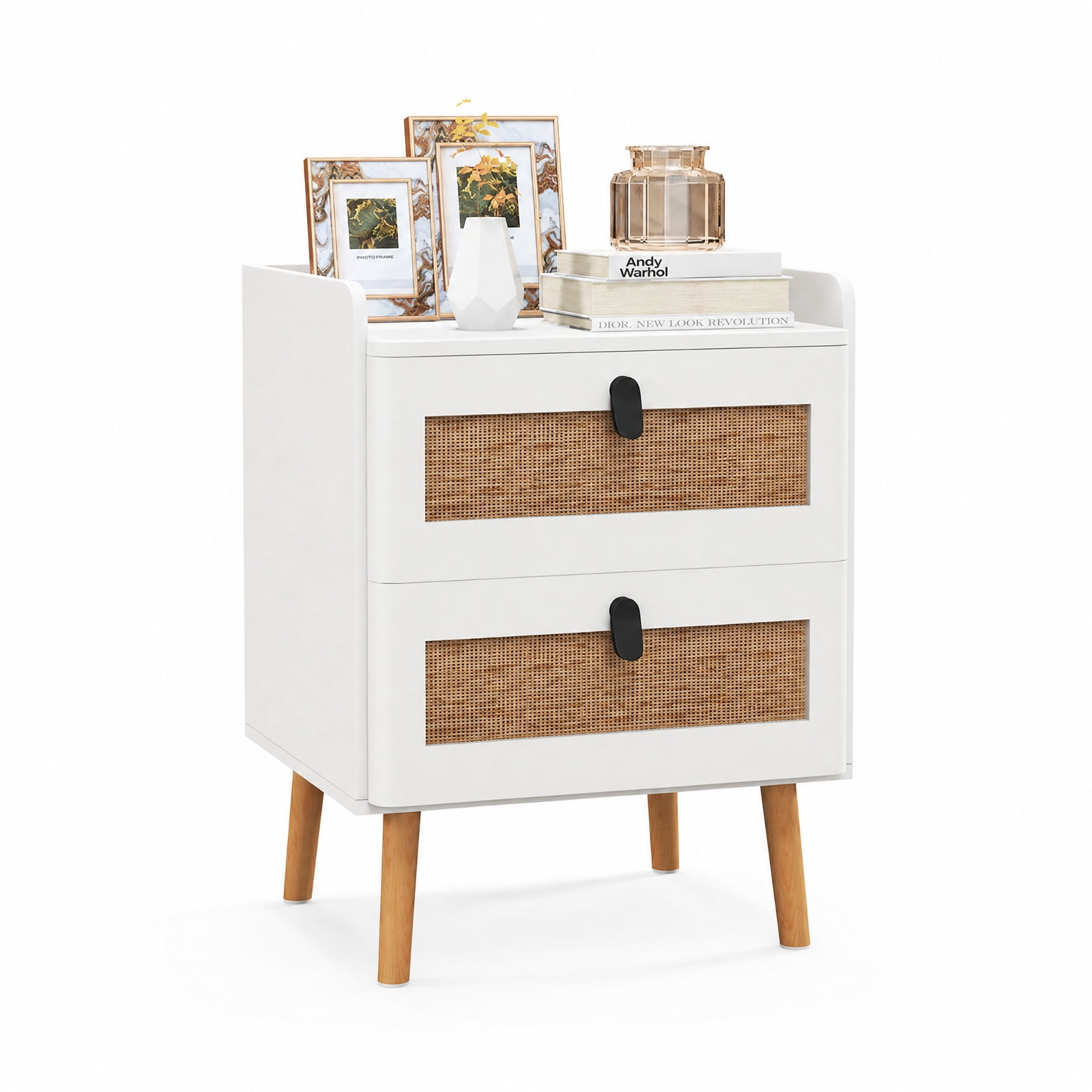 Furnibear Modern End Table Bedside Table with 2 Rattan Decorated Drawers for Bedroom Living Room Bedside Sofa Side Small Space, White